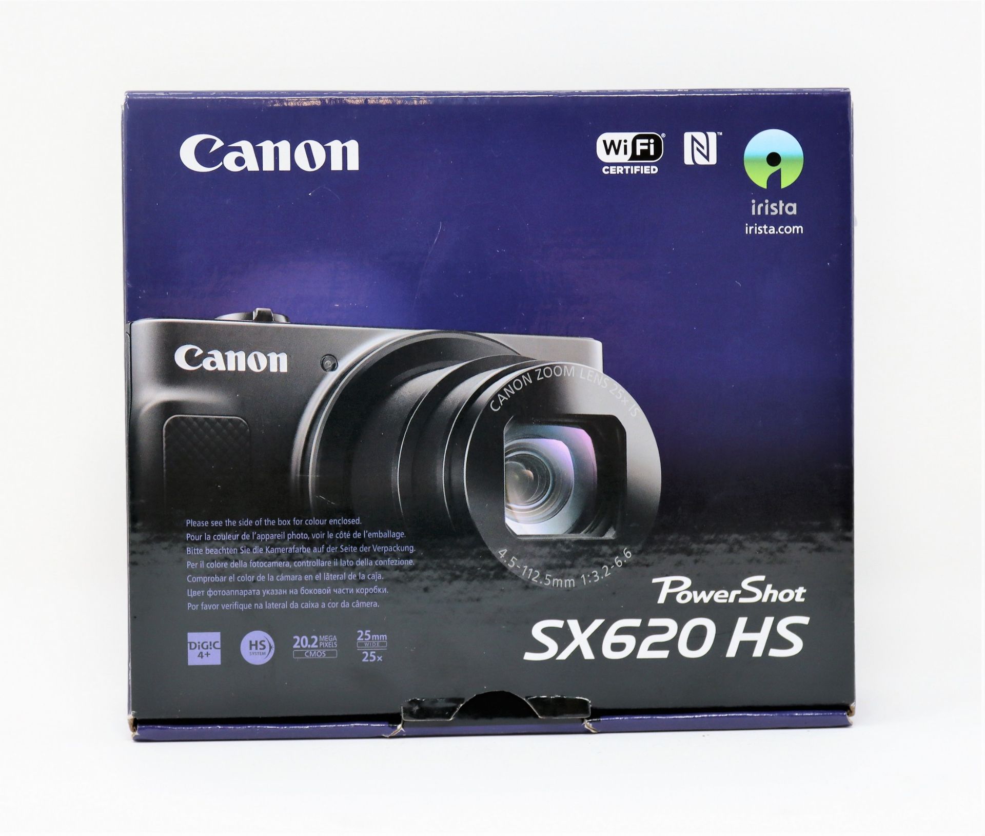 A boxed as new Canon PowerShot SX620 HS Digital Camera in Black (Two pin plug included).