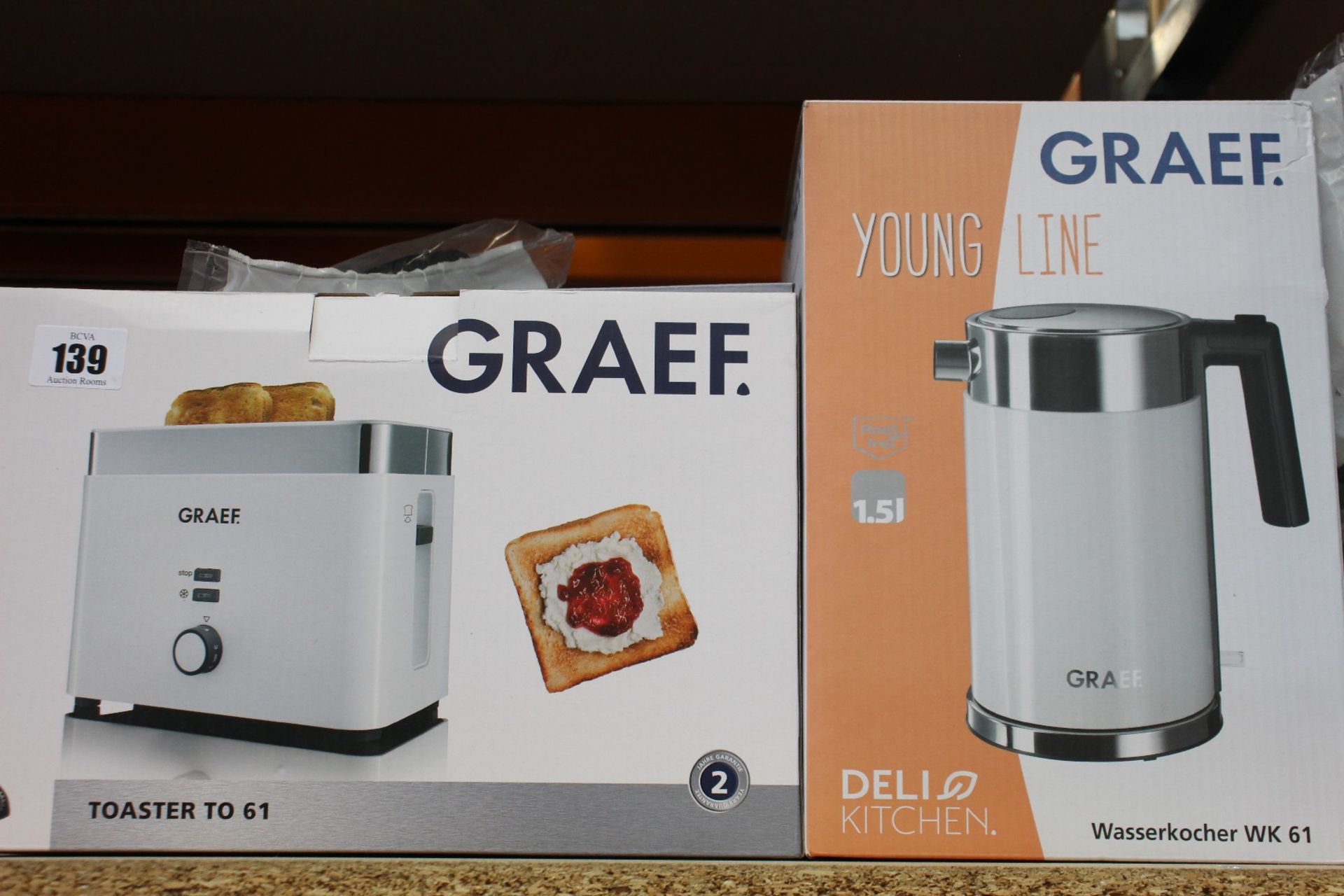 A Graef Young Line WK 61 Electric Kettle (1.5ltr) and a Graef Toaster TO 61, both boxed as new.
