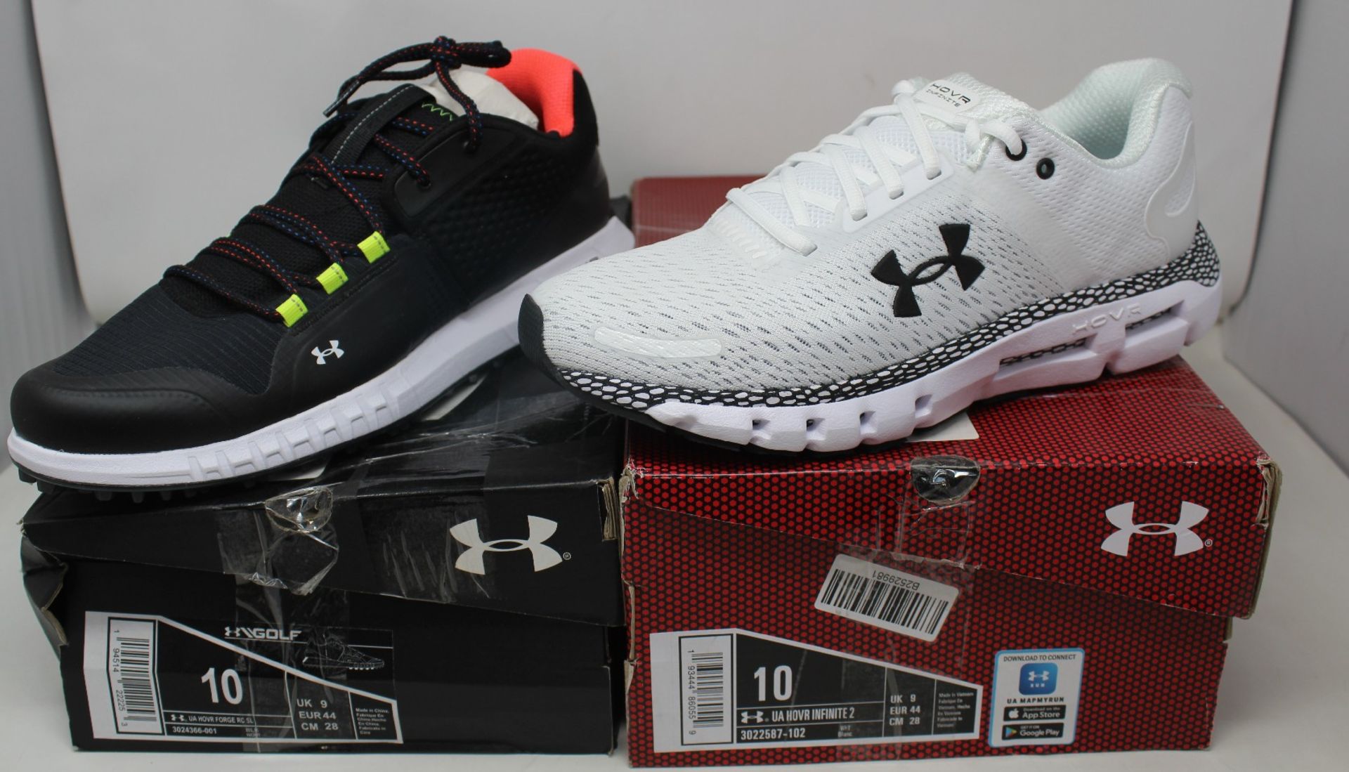 A pair of as new Under Armour Hovr Infinite 2 (UK 9) and Under Armour Golf Hovr Forge RC (UK 9).