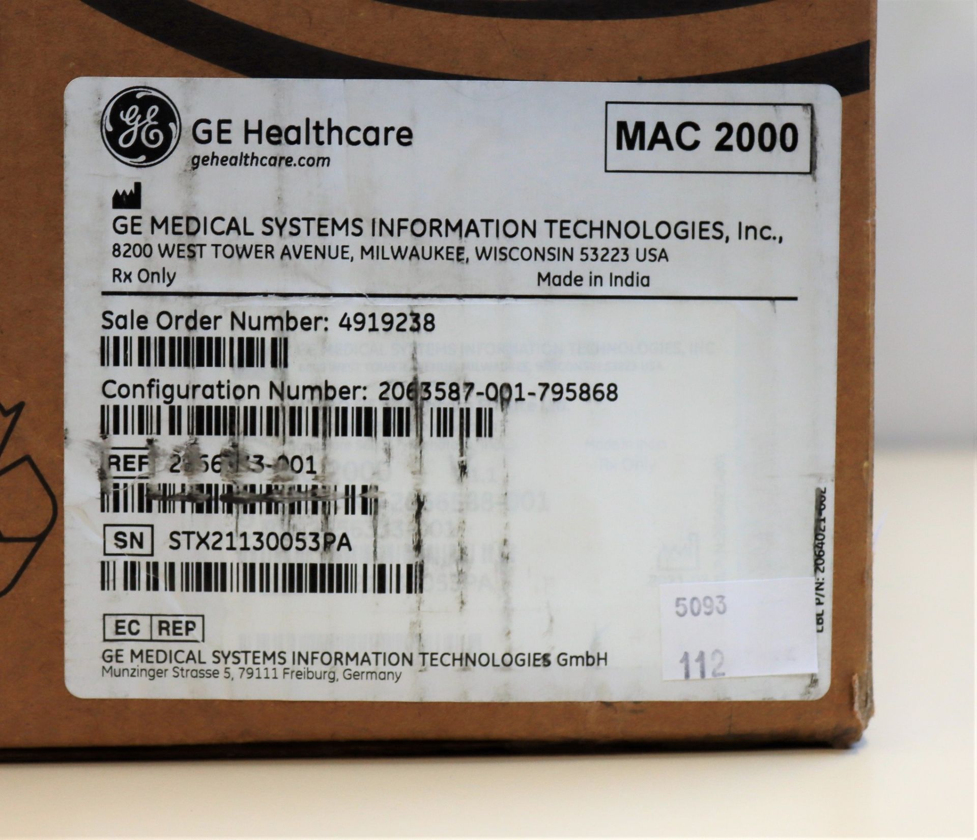 A boxed as new GE MAC 2000 Portable Resting ECG Machine including 10 lead cable, electrodes, adaptor