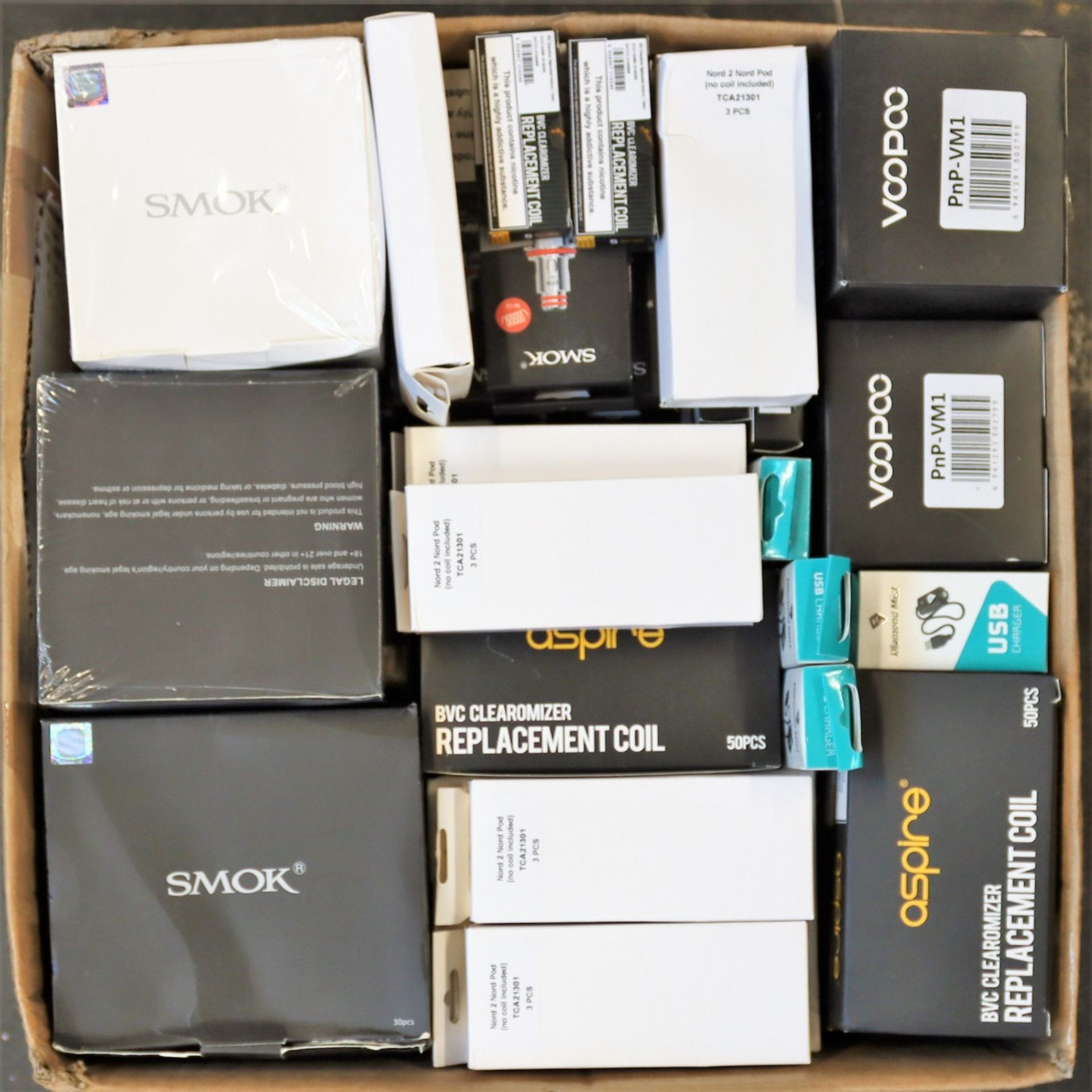 COLLECTION ONLY: A box of assorted as new vaping items to include Smoke Mini V2 S1 Coils, Smok