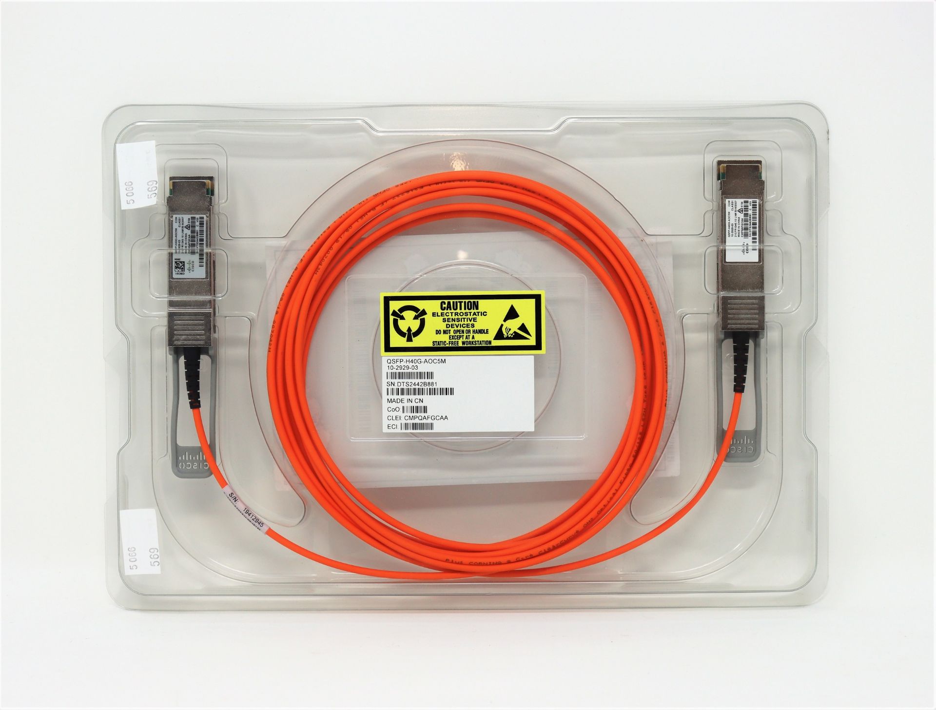 An as new Cisco QSFP-H40G-AOC5M= Active Optical Cable (P/N: 10-2929-03).