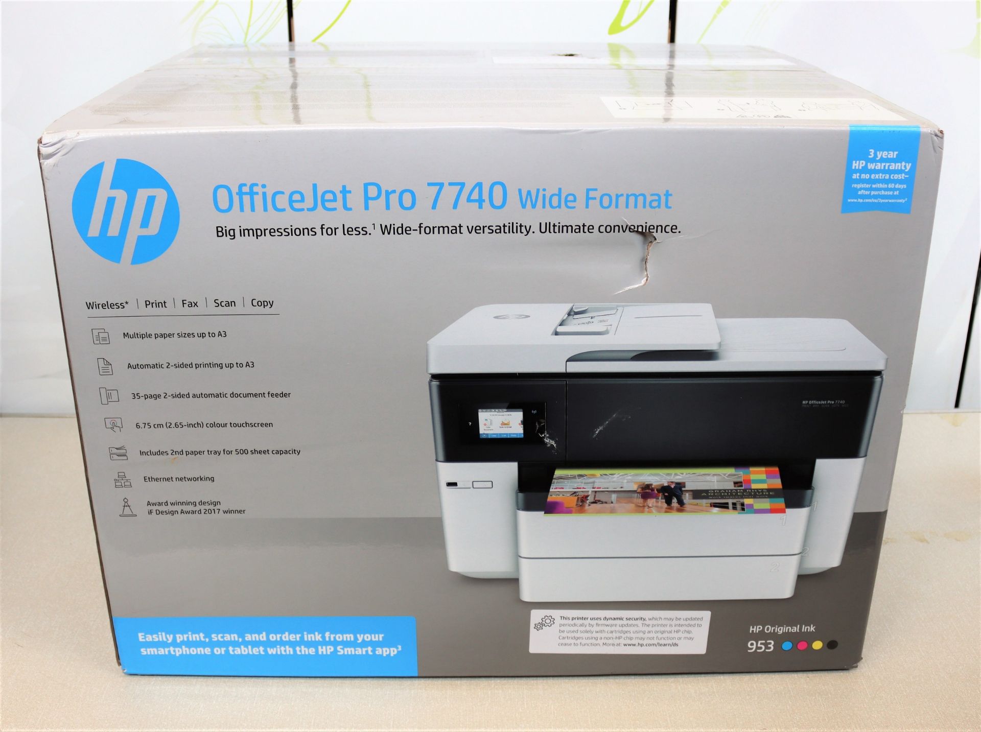 A boxed as new HP OfficeJet Pro 7740 Wide Format All-in-One Printer (Box sealed, some damage to