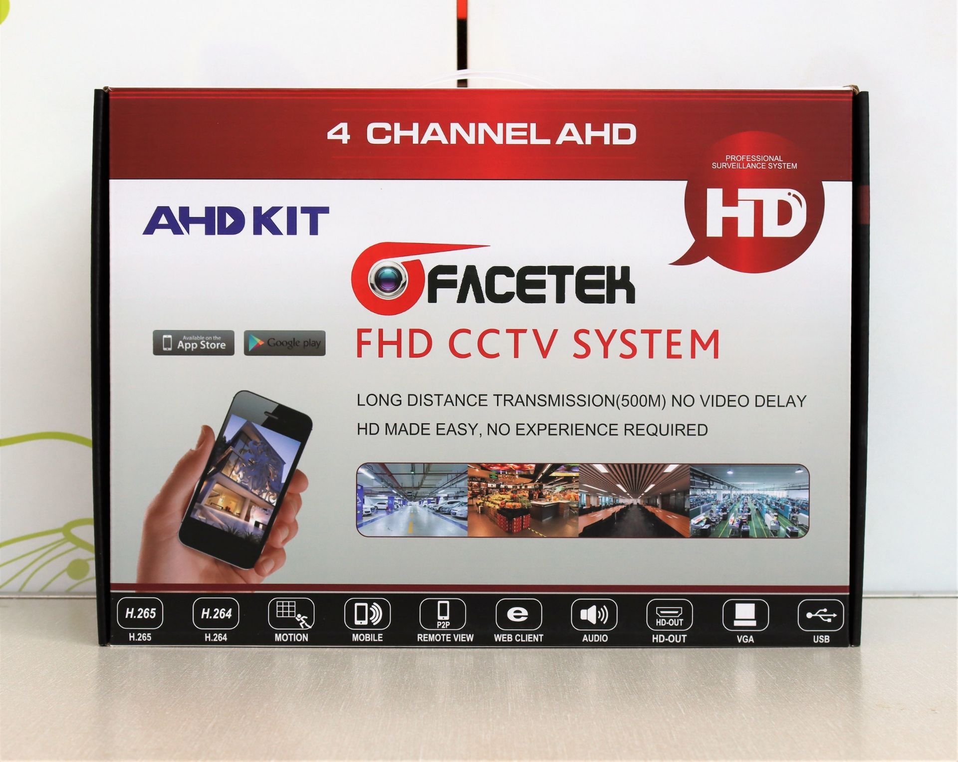 A boxed as new FaceTek 2MP/1080P 4 Channel CCTV Kit in Black (UK plug power cable included).