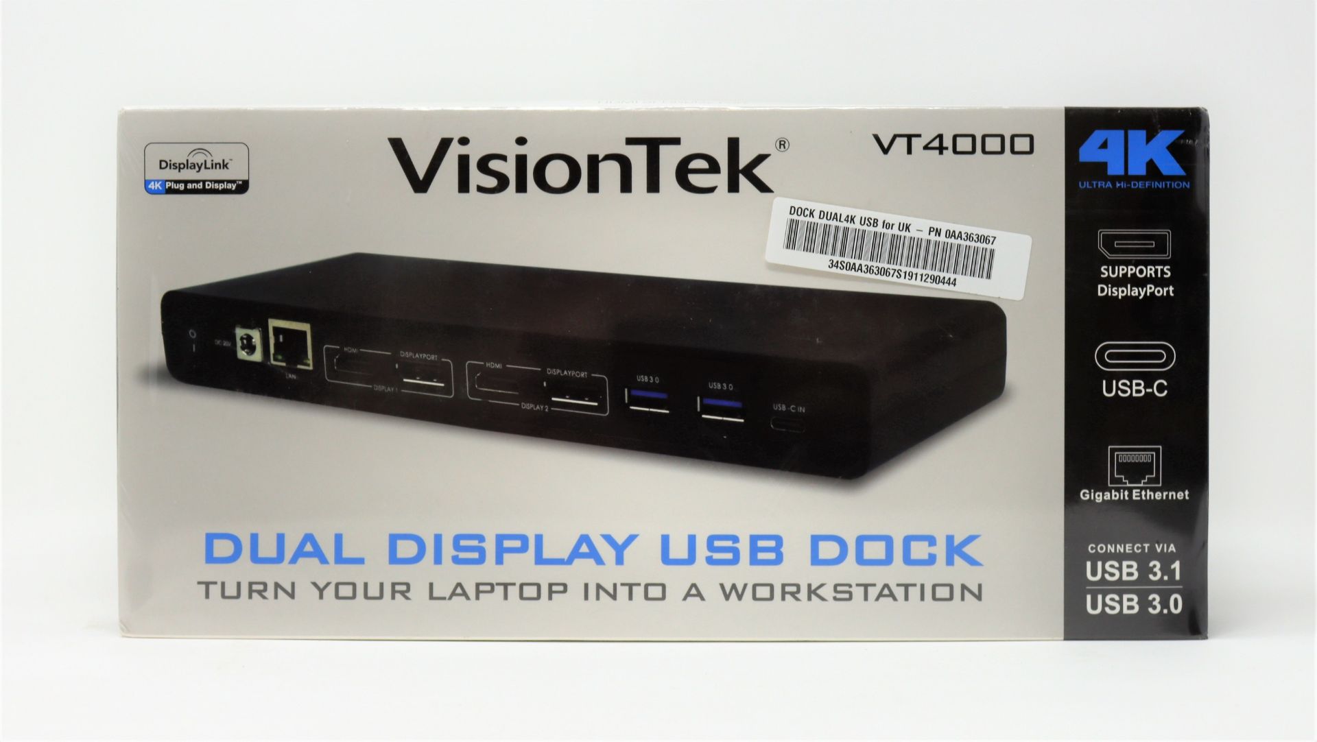 A boxed as new Visiontek VT4000 Dual 4K Display Universal Docking Station (M/N: 901005) (Box