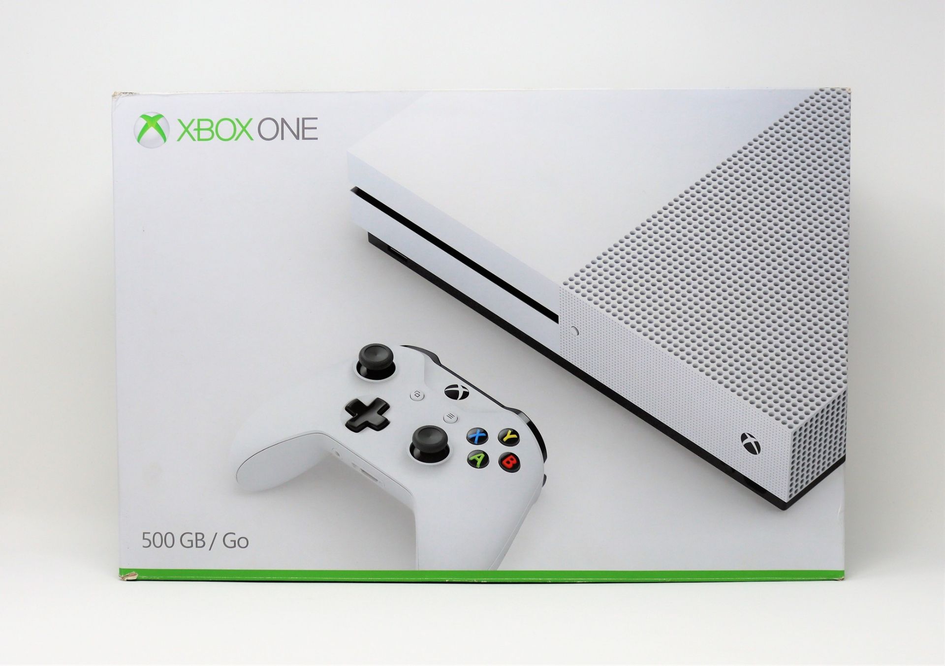 A pre-owned boxed Xbox One S 500GB games console in white (model: 1681) (no controller) (includes