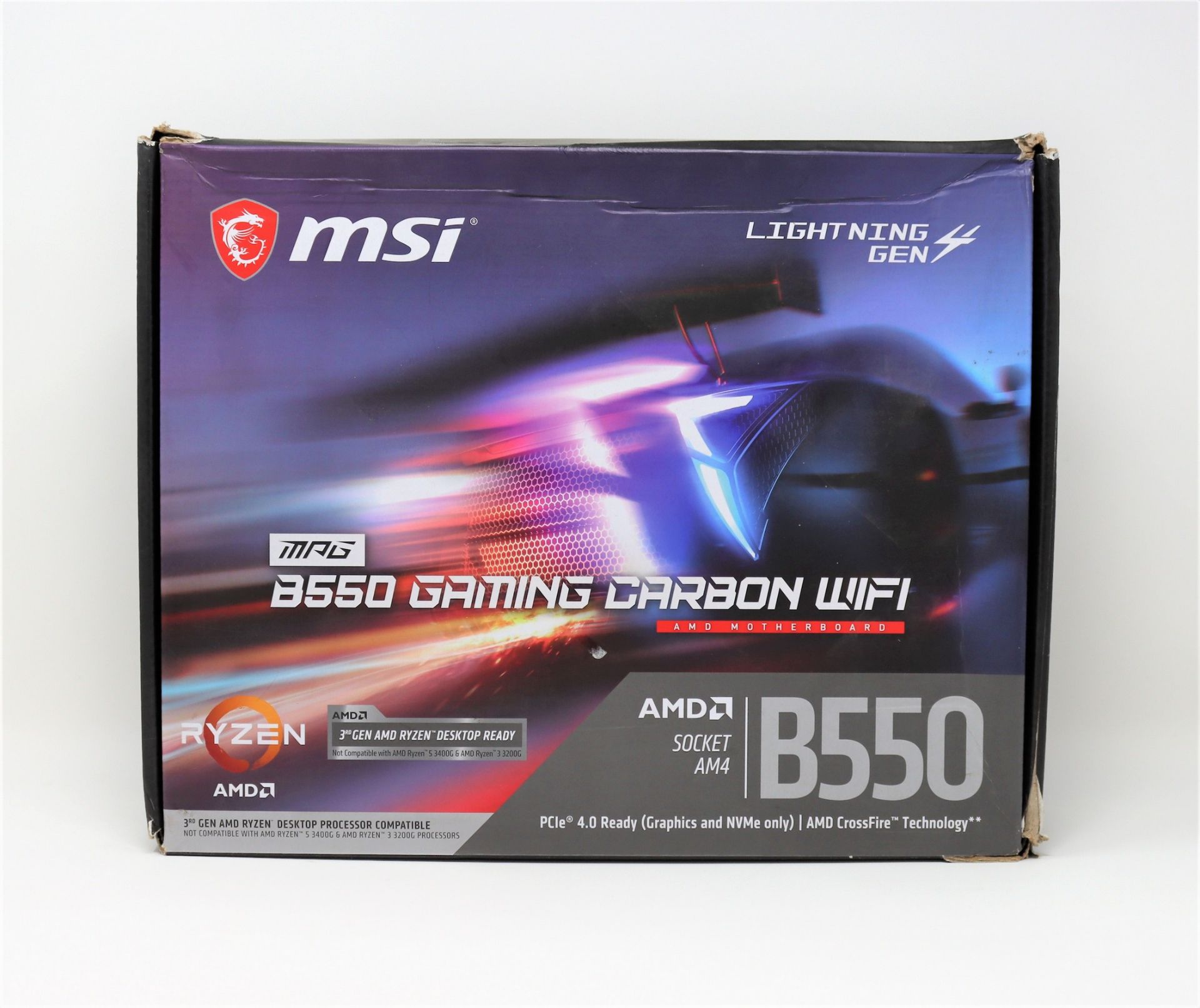 A boxed MSI B550 MPG gaming carbon wifi motherboard for 3rd gen Ryzen CPUs (possibly pre-owned).