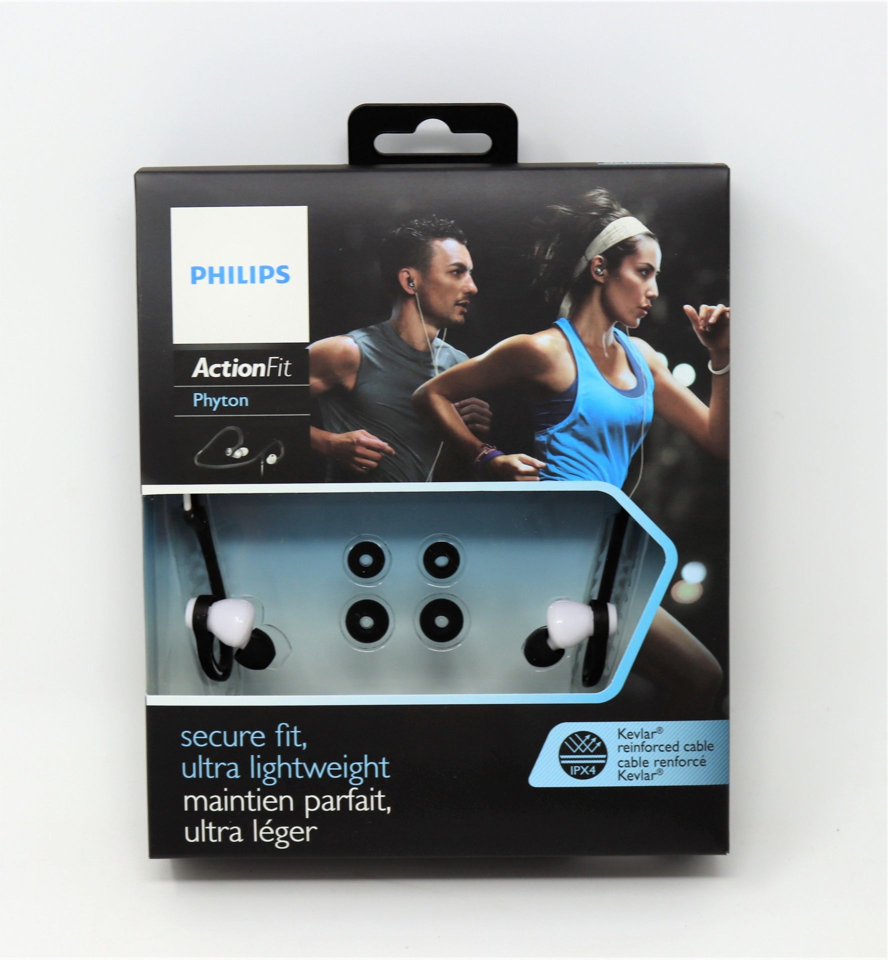 Six boxed as new Philips ActionFit Phyton Wired Sport Headphones in Black/White (P/N: SHQ4300WS/