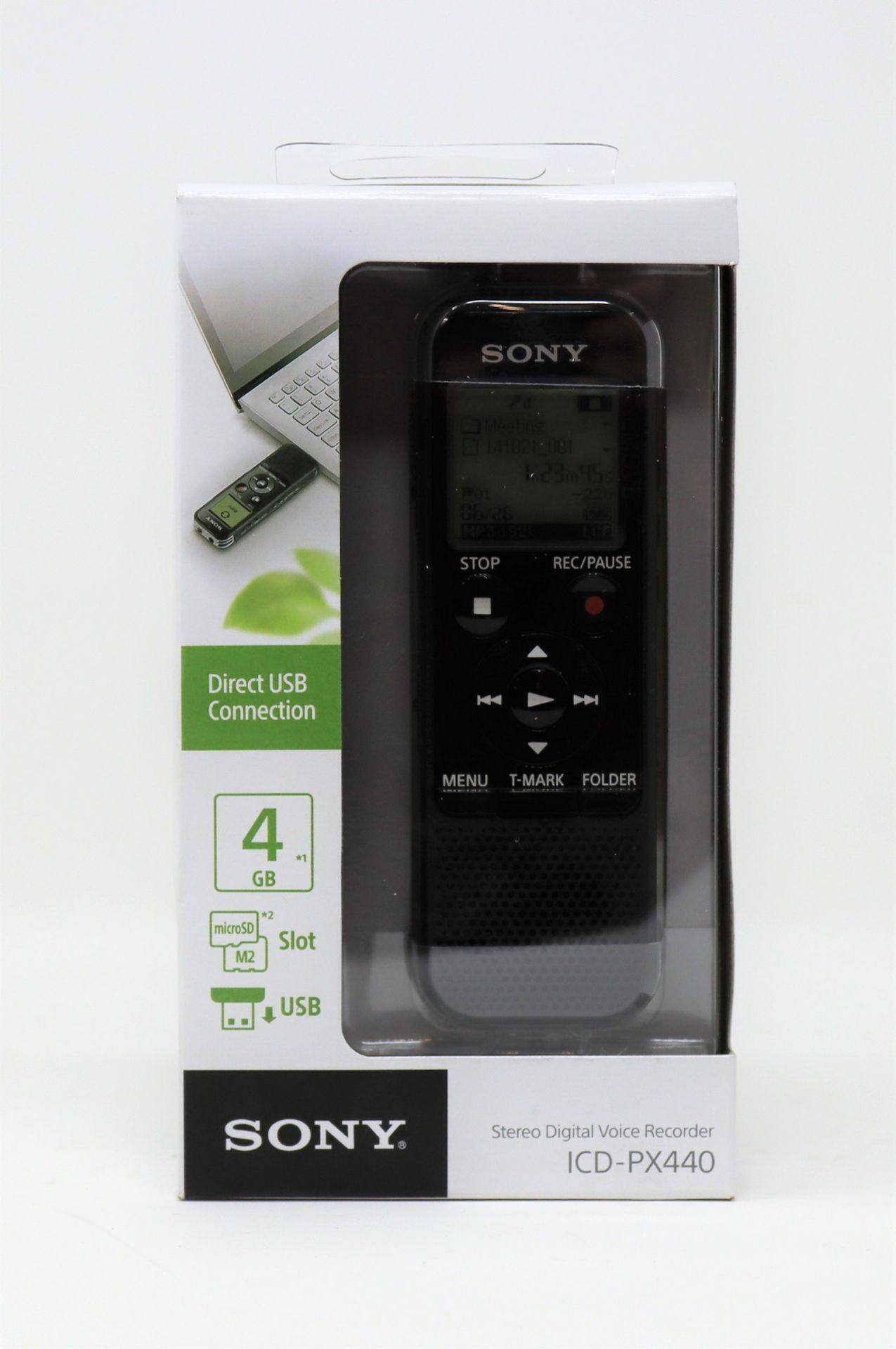 A boxed as new Sony ICD-PX440 4GB Digital Voice Recorder (Box sealed).