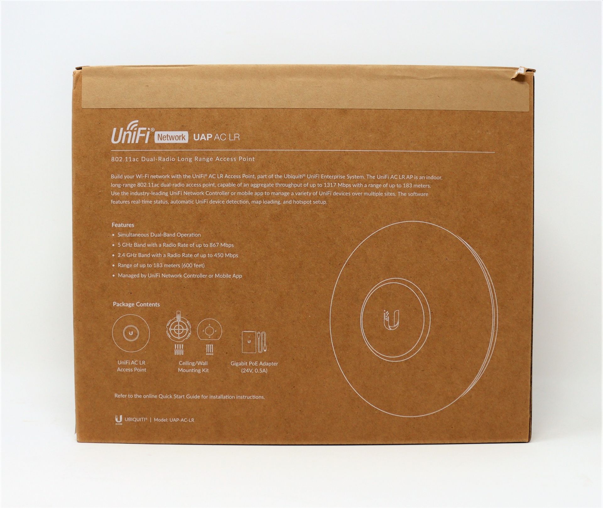 A boxed as new Ubiquiti UniFi UAP-AC-LR Long Range Indoor Access Point (EU model. Box sealed).