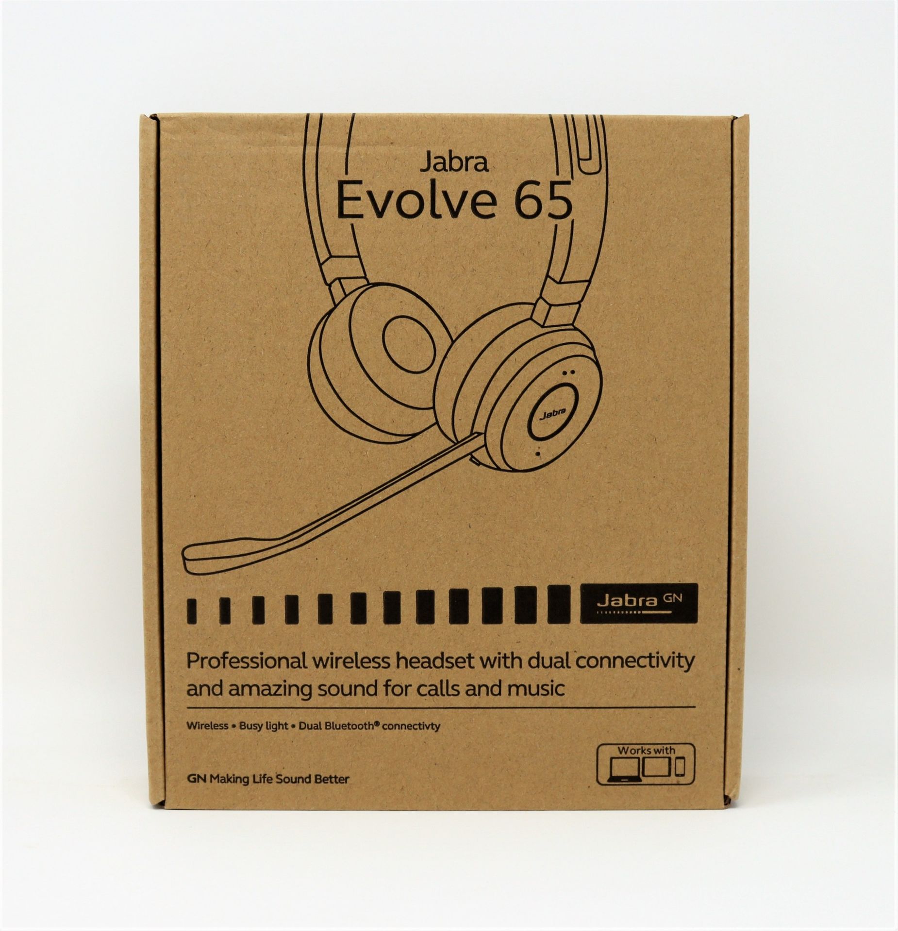 A boxed as new Jabra Evolve 65 MS Stereo Headset (P/N: 6599-823-309).