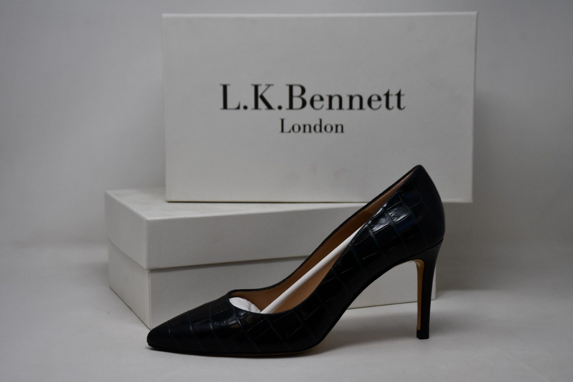 Two pairs of as new L.K.Bennett Floret shoes in teal croc effect (EU 40/EU 38 - RRP £229).