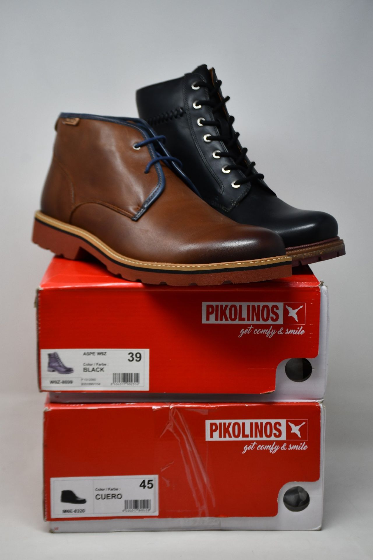 A pair of as new Pikolinos Aspe boots (EU 39) and a pair of Pikolinos Chukkas (EU 45).