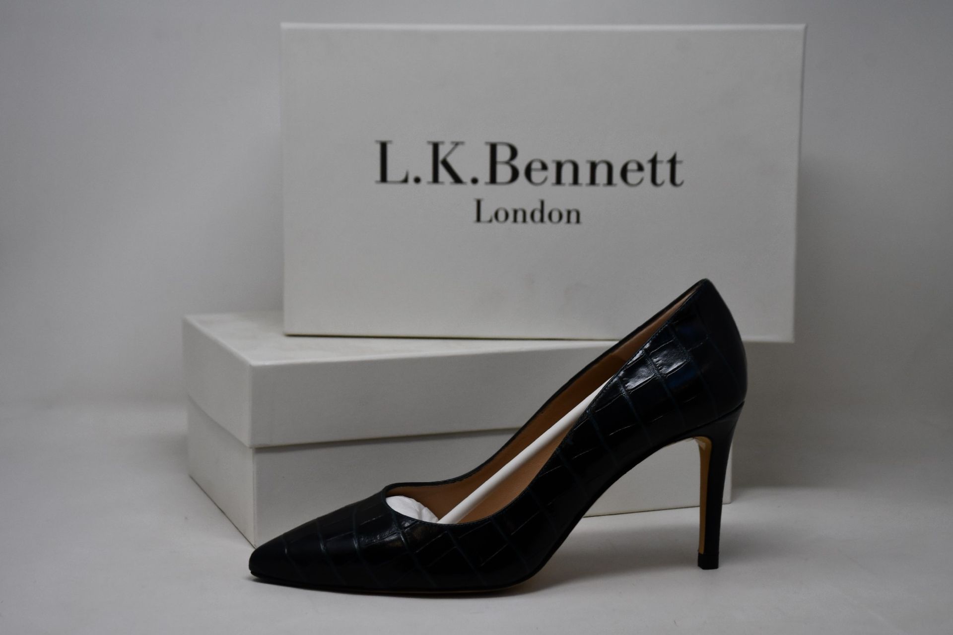 Two pairs of as new L.K.Bennett Floret shoes in teal croc effect (EU 40/EU 42 - RRP £229).