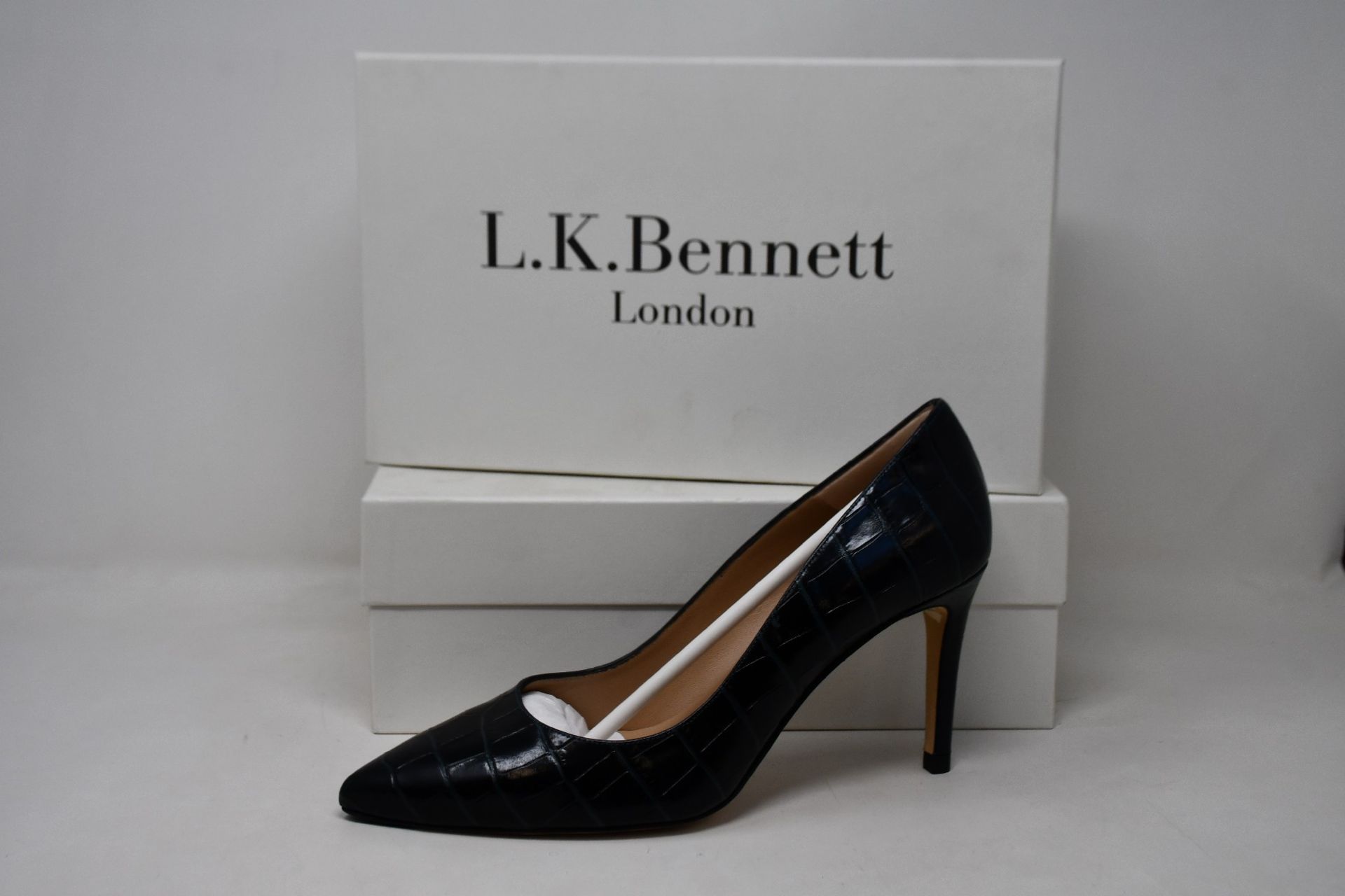 Two pairs of as new L.K.Bennett Floret shoes in teal croc effect (EU 38 - RRP £229).