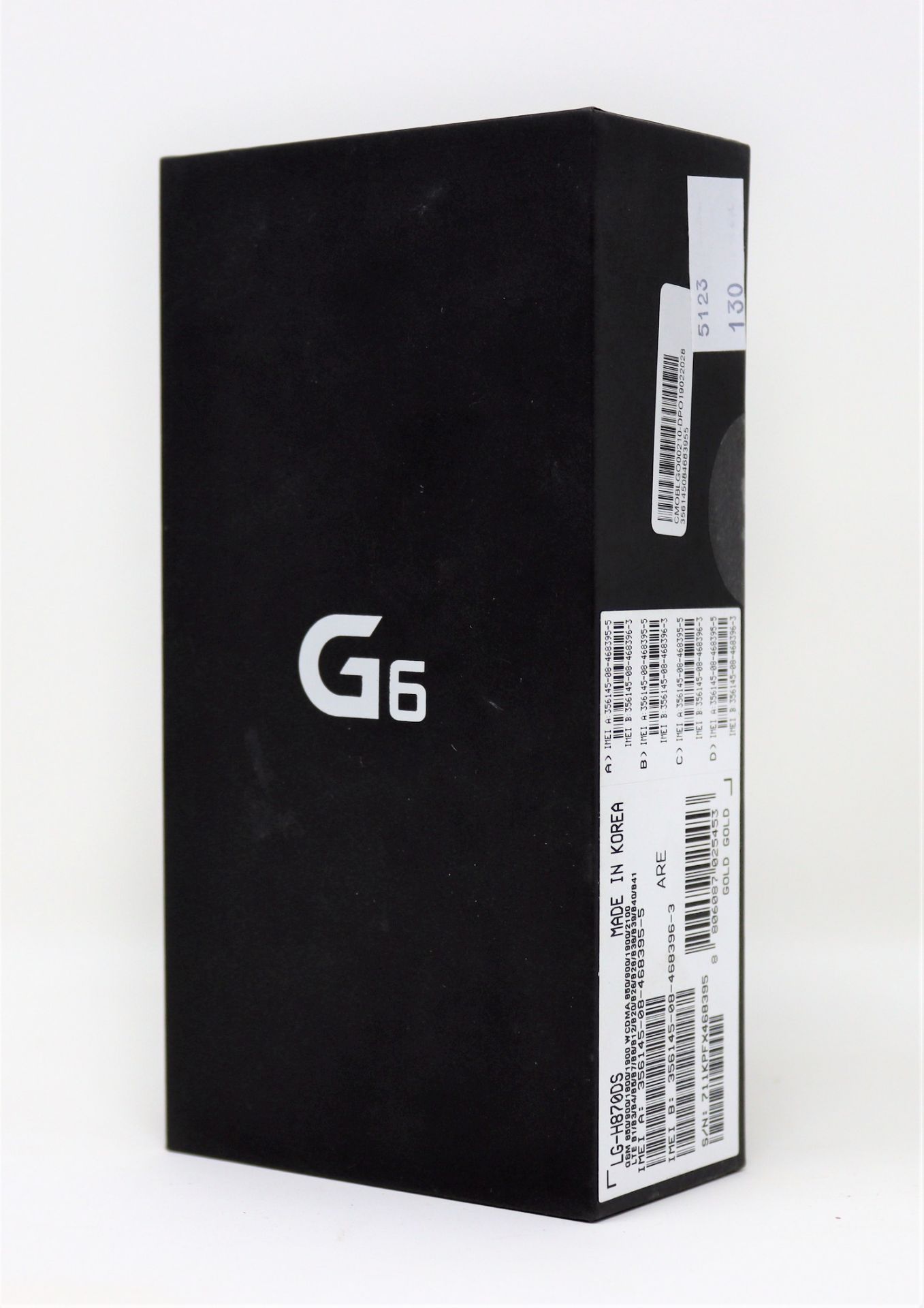 A boxed as new LG G6 LG-H870DS in Gold (IMEI: 356145084683955) (Box sealed, 2-pin plug).