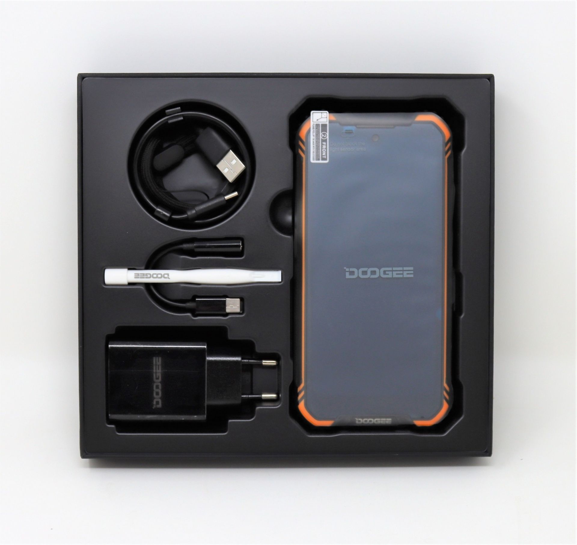 A boxed as new Doogee S58 Pro 64GB Rugged Smartphone in Fire Orange (Box opened, 2-pin plug and