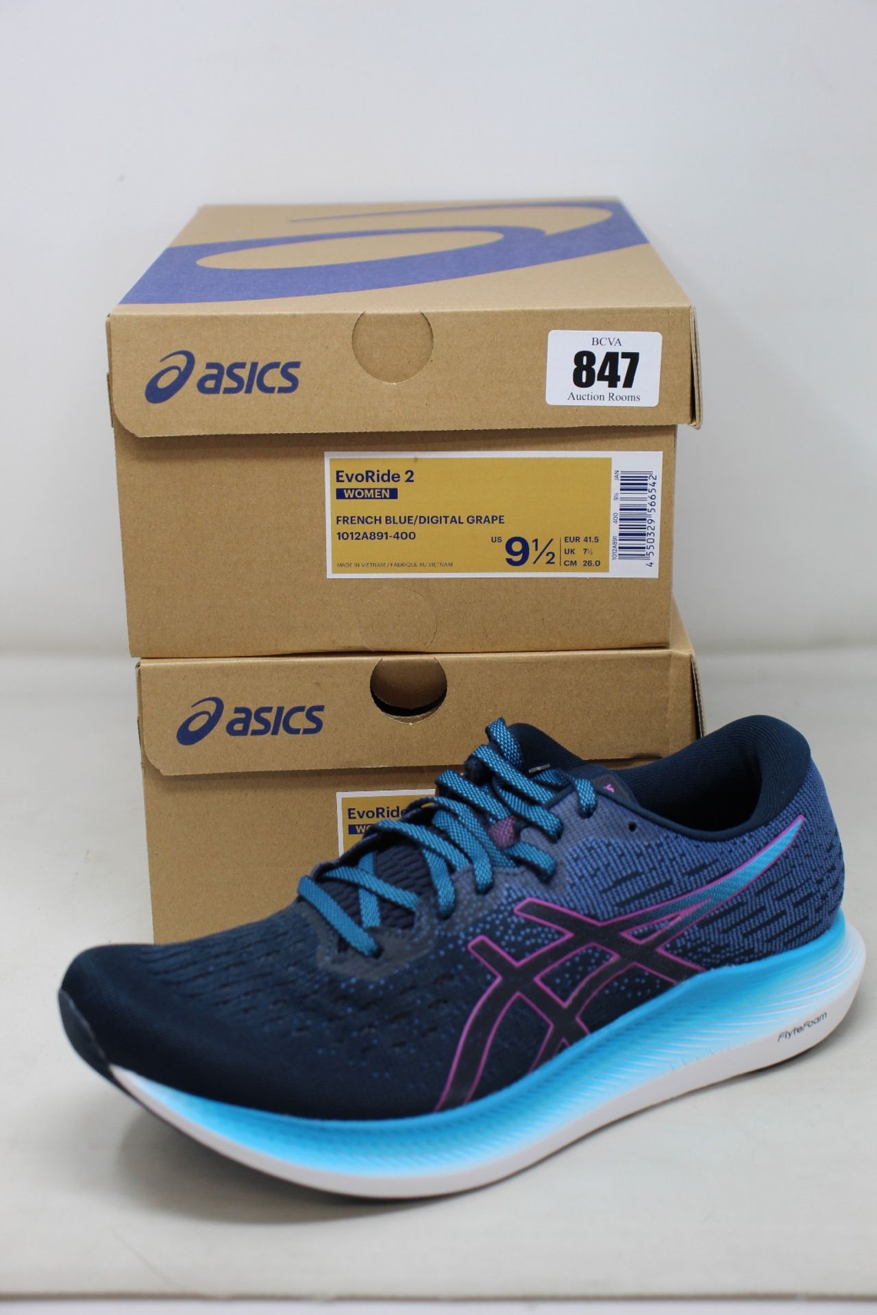 Two pairs of women's as new Asics EvoRide 2 trainers (UK 7.5, 8).