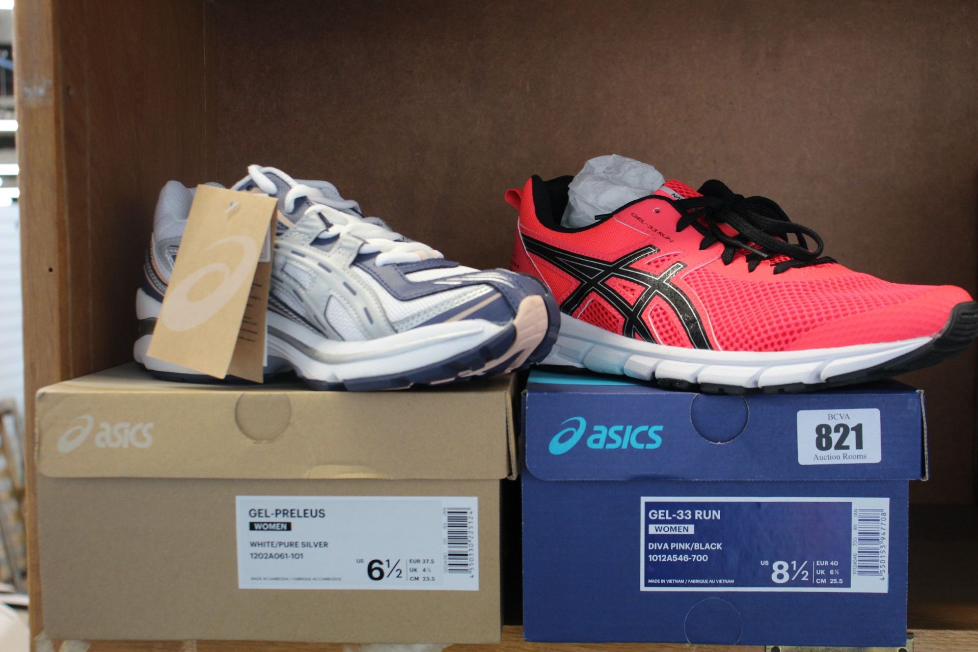 Two pairs of women's as new Asics trainers; Gel Preleus (UK 4.5) and Gel-Run 33 (UK 6.5).