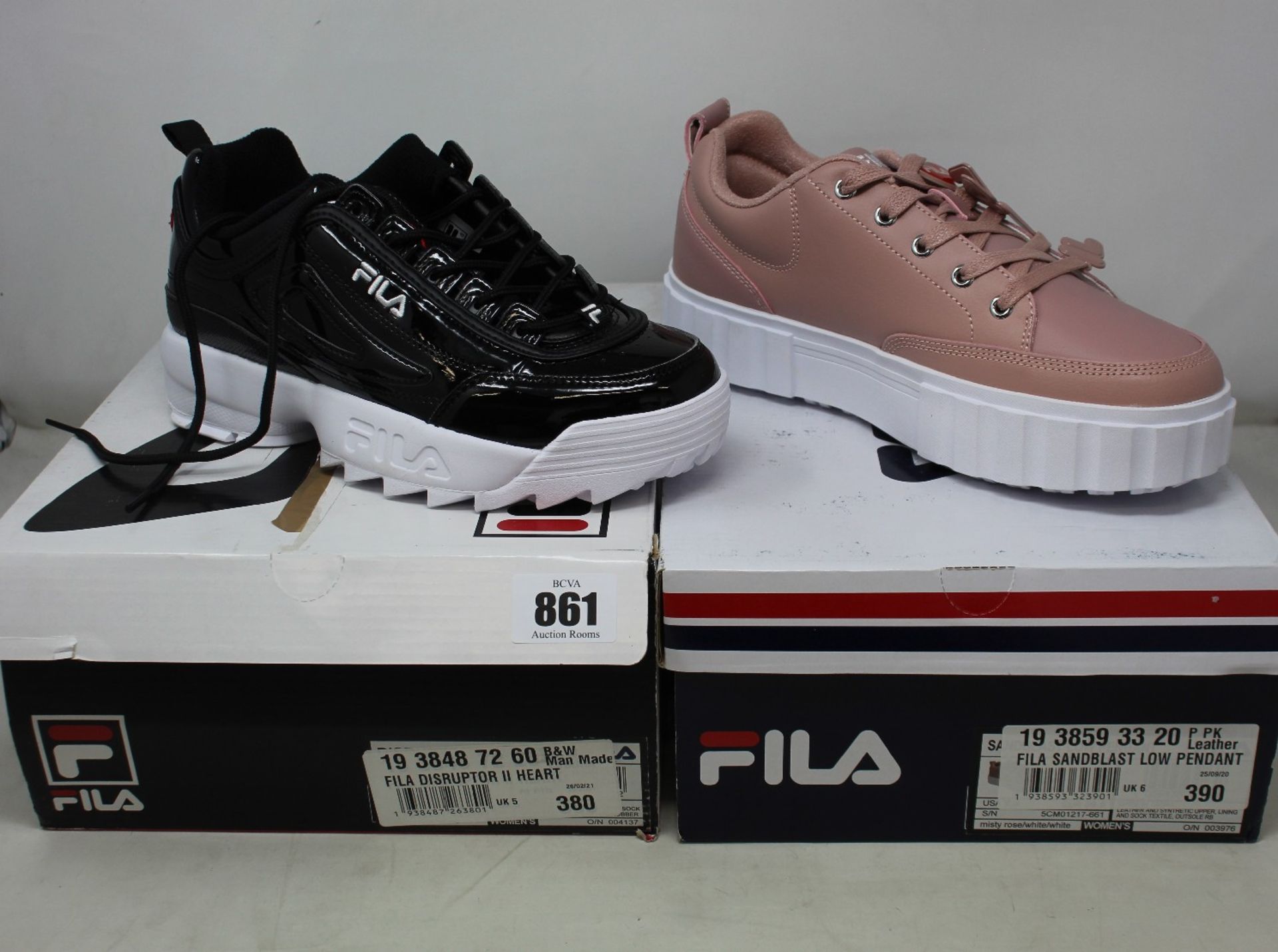 Two pairs of as new Fila trainers; Disruptor II Heart (UK 5) and Sandblast Low Pendant (UK 6).