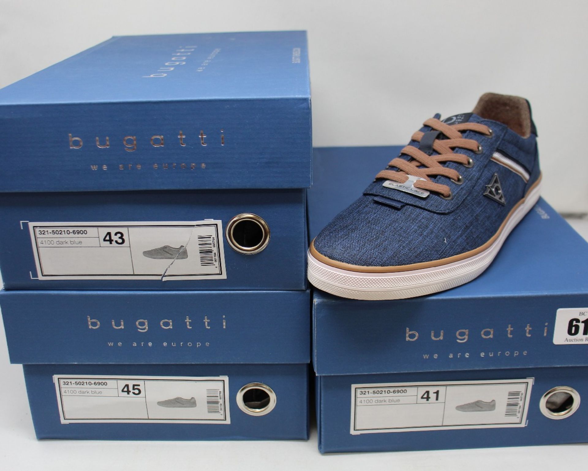 Three pairs of as new Bugatti 321-50210-6900 1200 trainers in dark blue (EU 41, 43, 45).