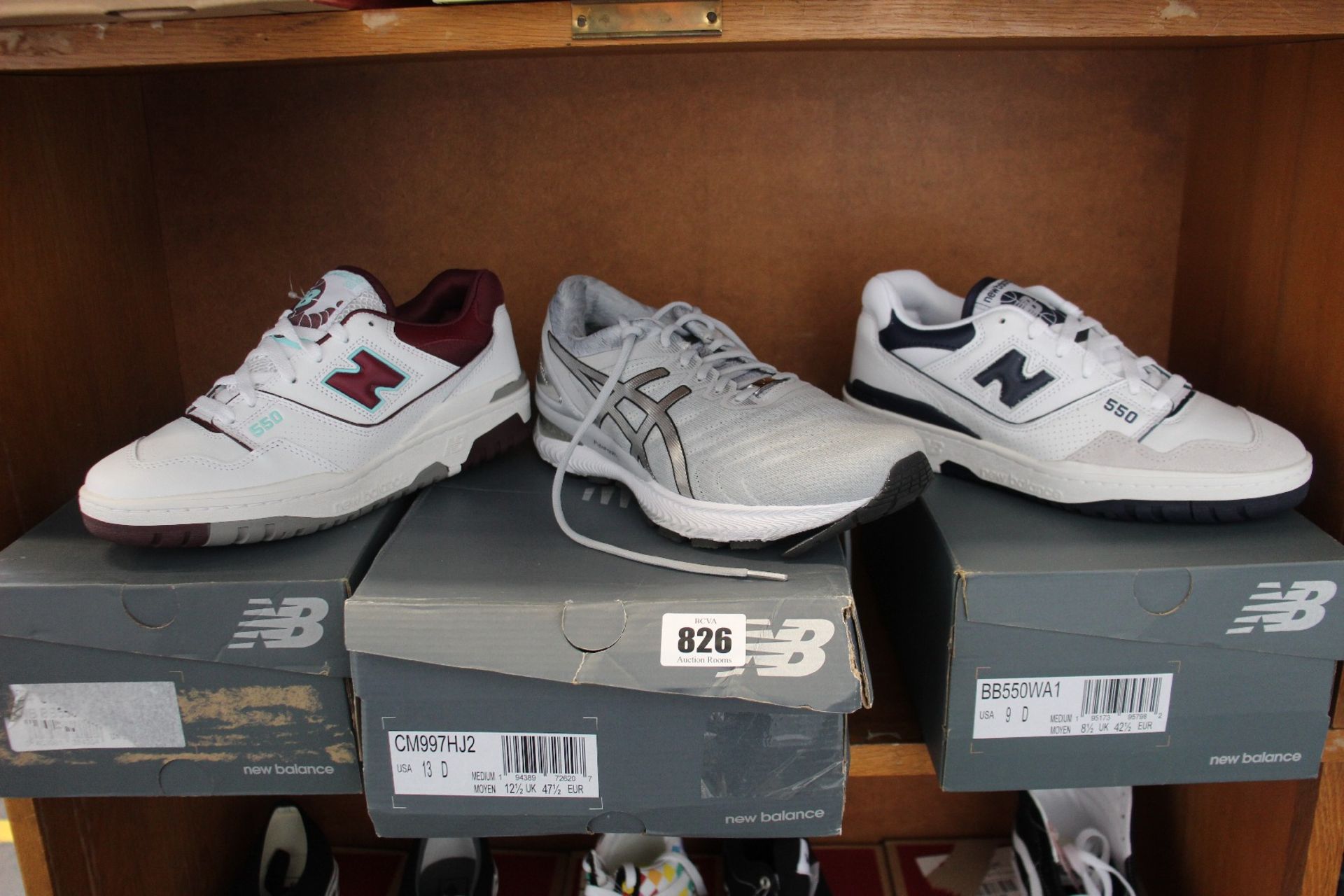 Three pairs of as new New Balance trainers; BB550WBG (UK 8), CM997HJ2 (UK 12.5) and BB550WA1 (UK 8.