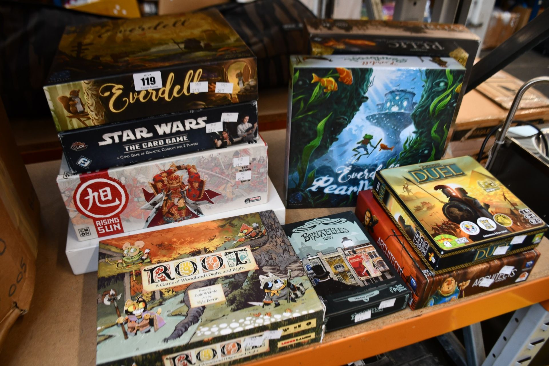 Pre-owned board games to include Scythe, Everdell and Rising Sun (11 items, may be incomplete,