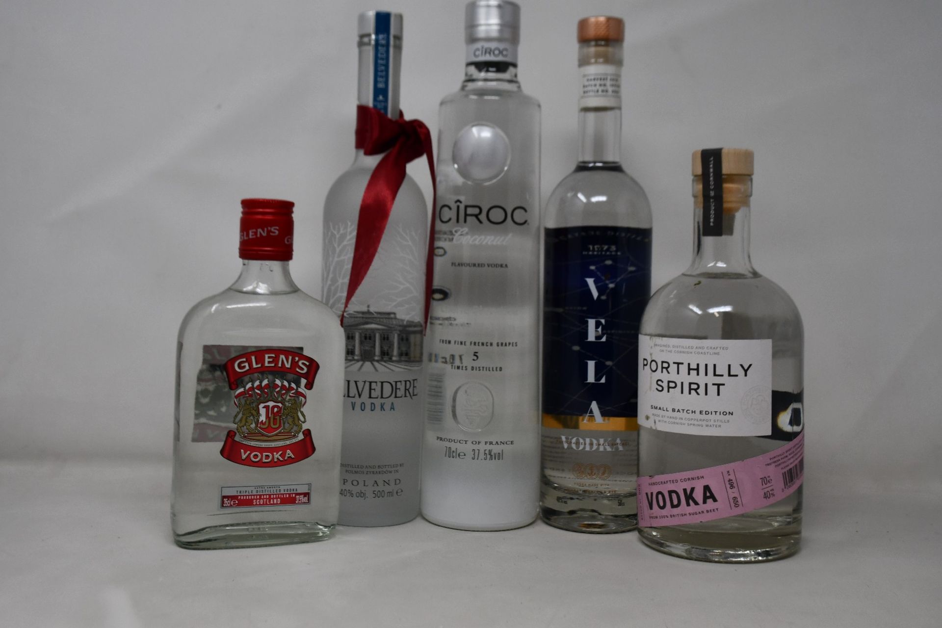 A bottle of Ciroc coconut vodka (700ml), a bottle of Belvedere vodka (500ml), a bottle of Vela vodka