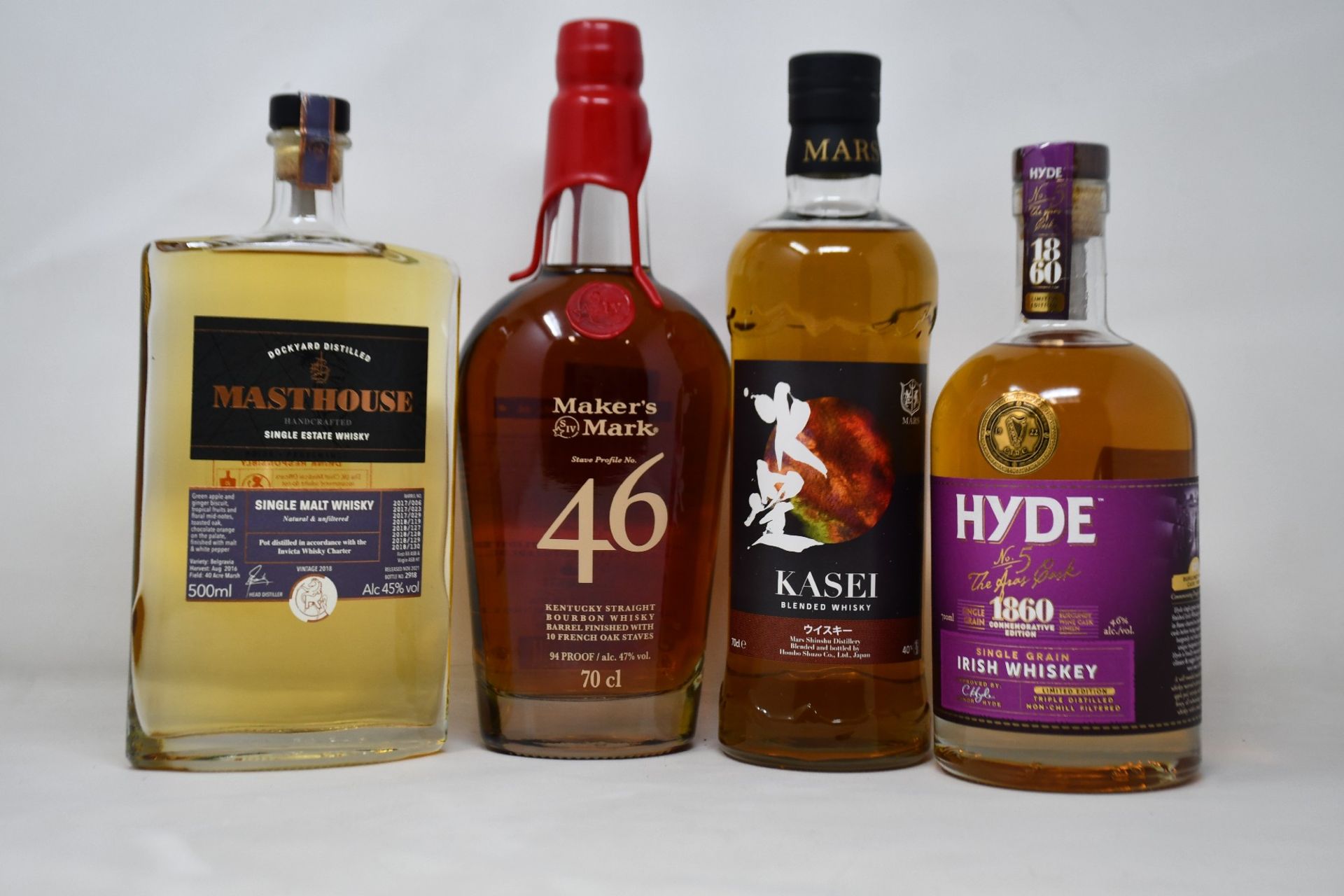 A bottle of Kasei blended whisky (700ml), a bottle of Hyde No5 single grain Irish whiskey (700ml), a