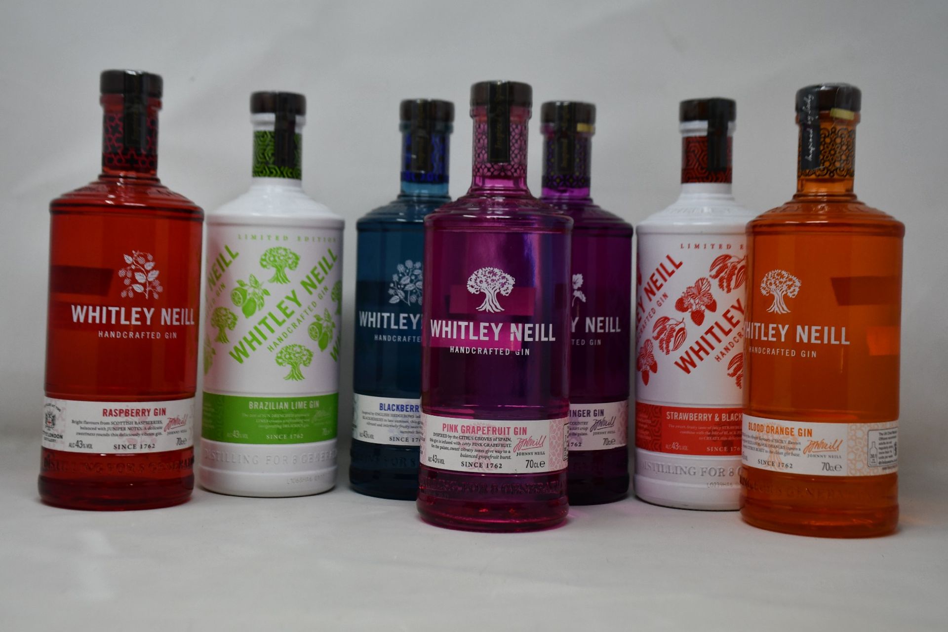 Seven bottles of Whitley Neill handcrafted gin (Assorted flavours) (700ml) (Over 18s only).