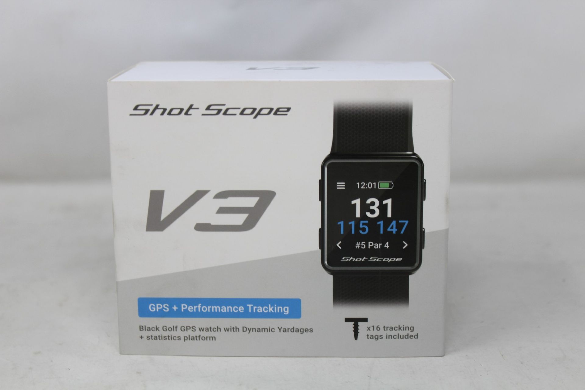 A boxed as new Shot Scope V3 Black Golf GPS + Performance tracking watch with 16 tracking tags