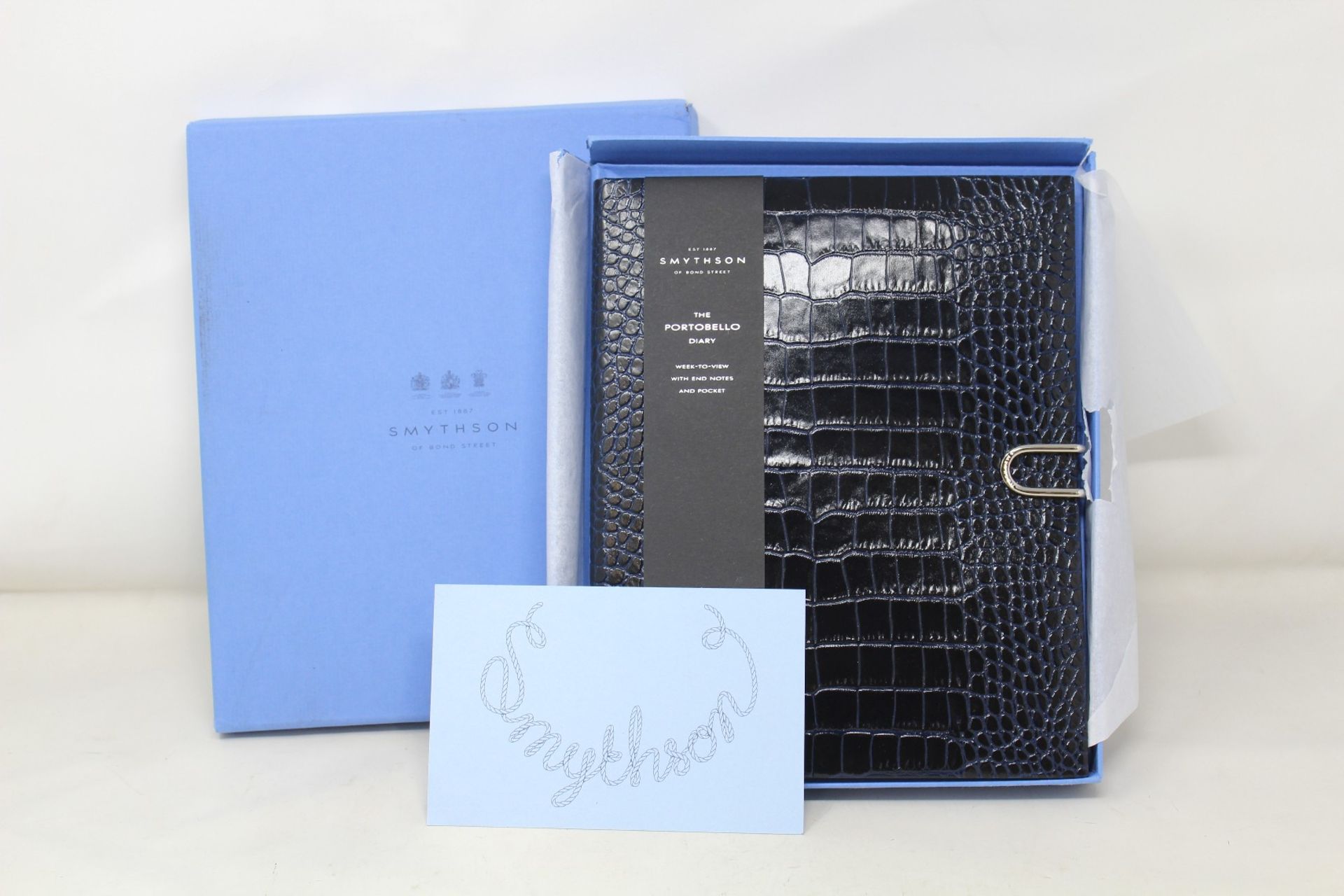 A boxed as new Smythson 'The Portobello Diary' in Navy Blue Mara (Box damaged).