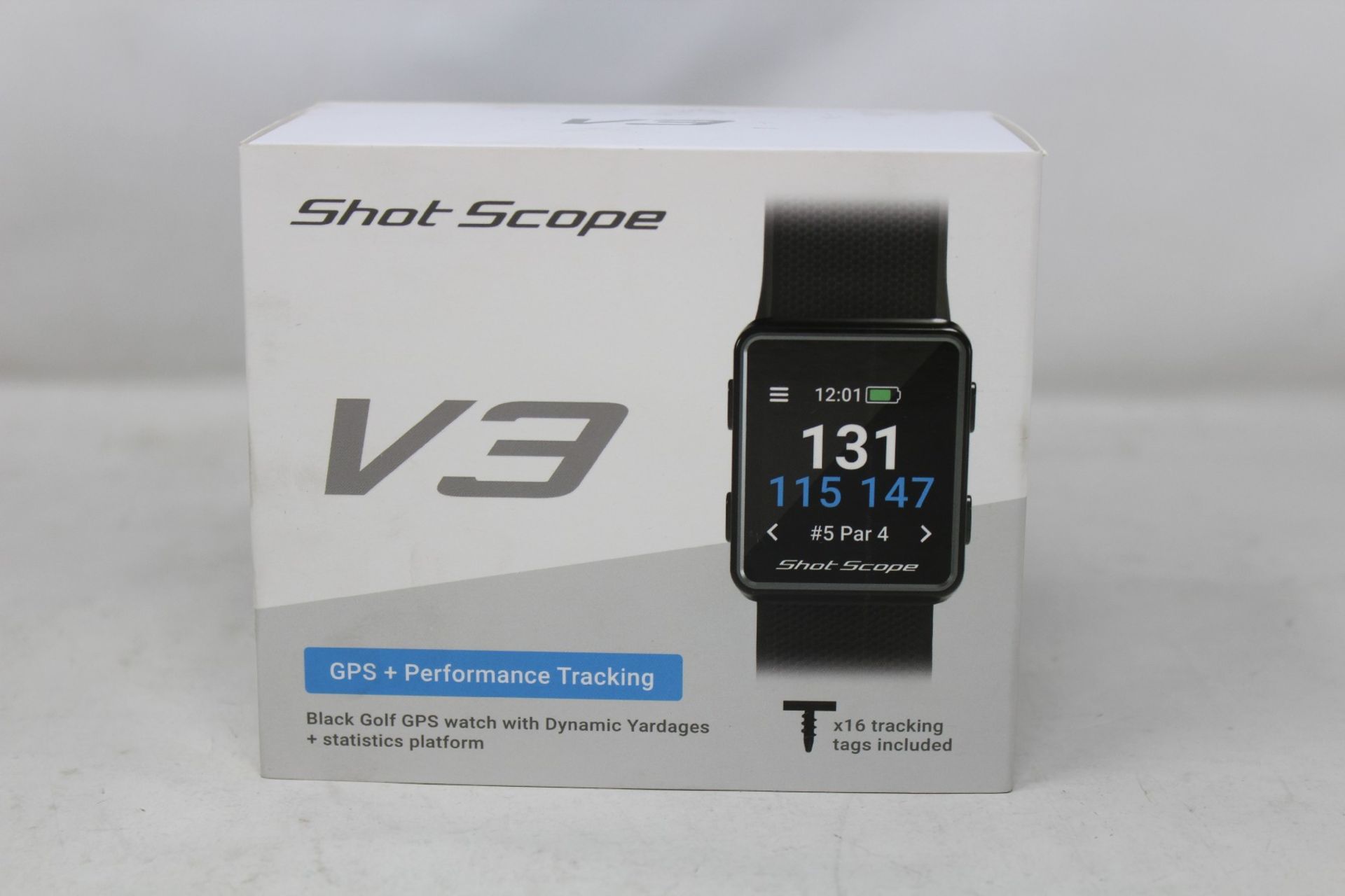 A boxed as new Shot Scope V3 Black Golf GPS + Performance tracking watch with 16 tracking tags