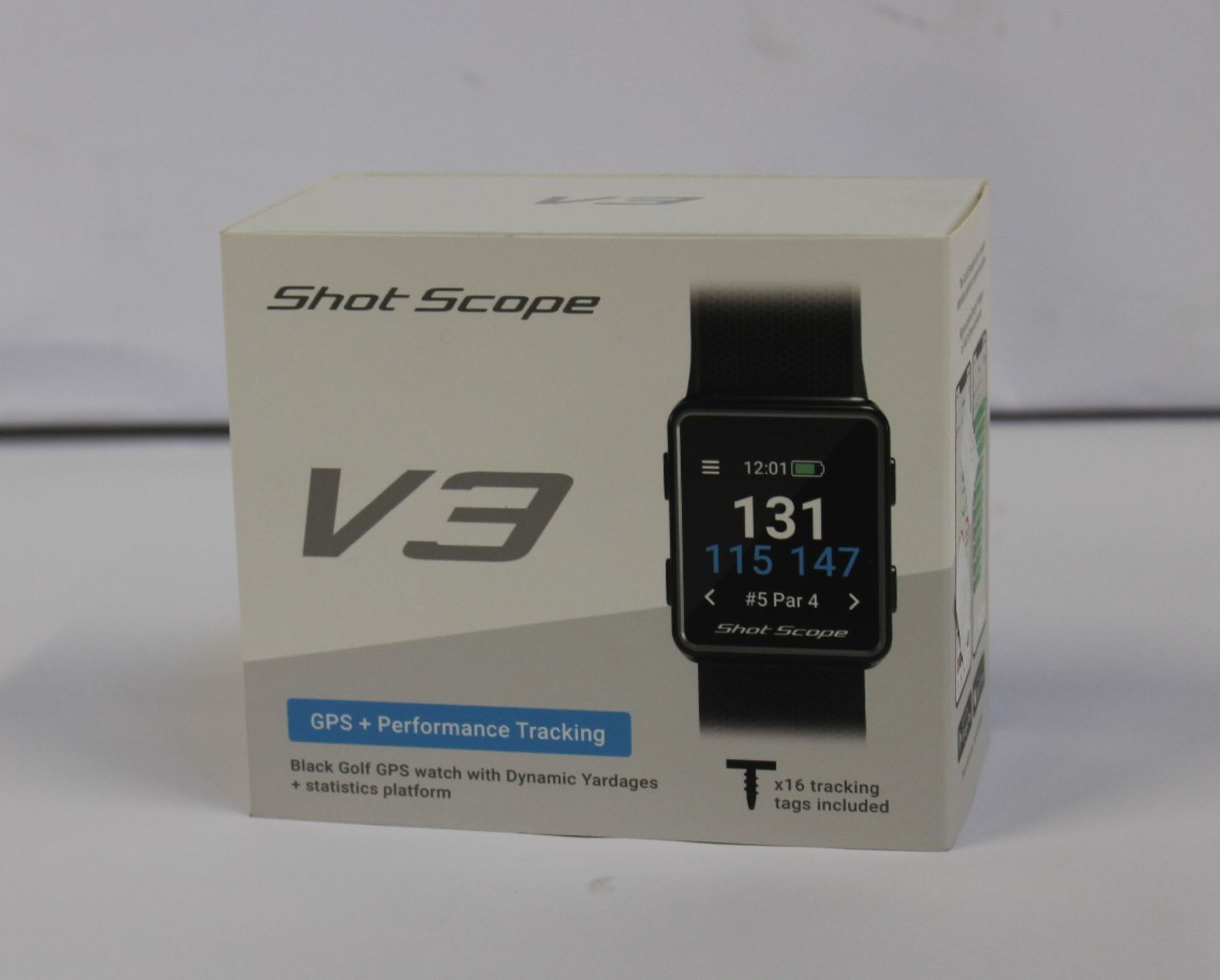 A boxed as new Shot Scope V3 Black Golf GPS + Performance tracking watch with 16 tracking tags