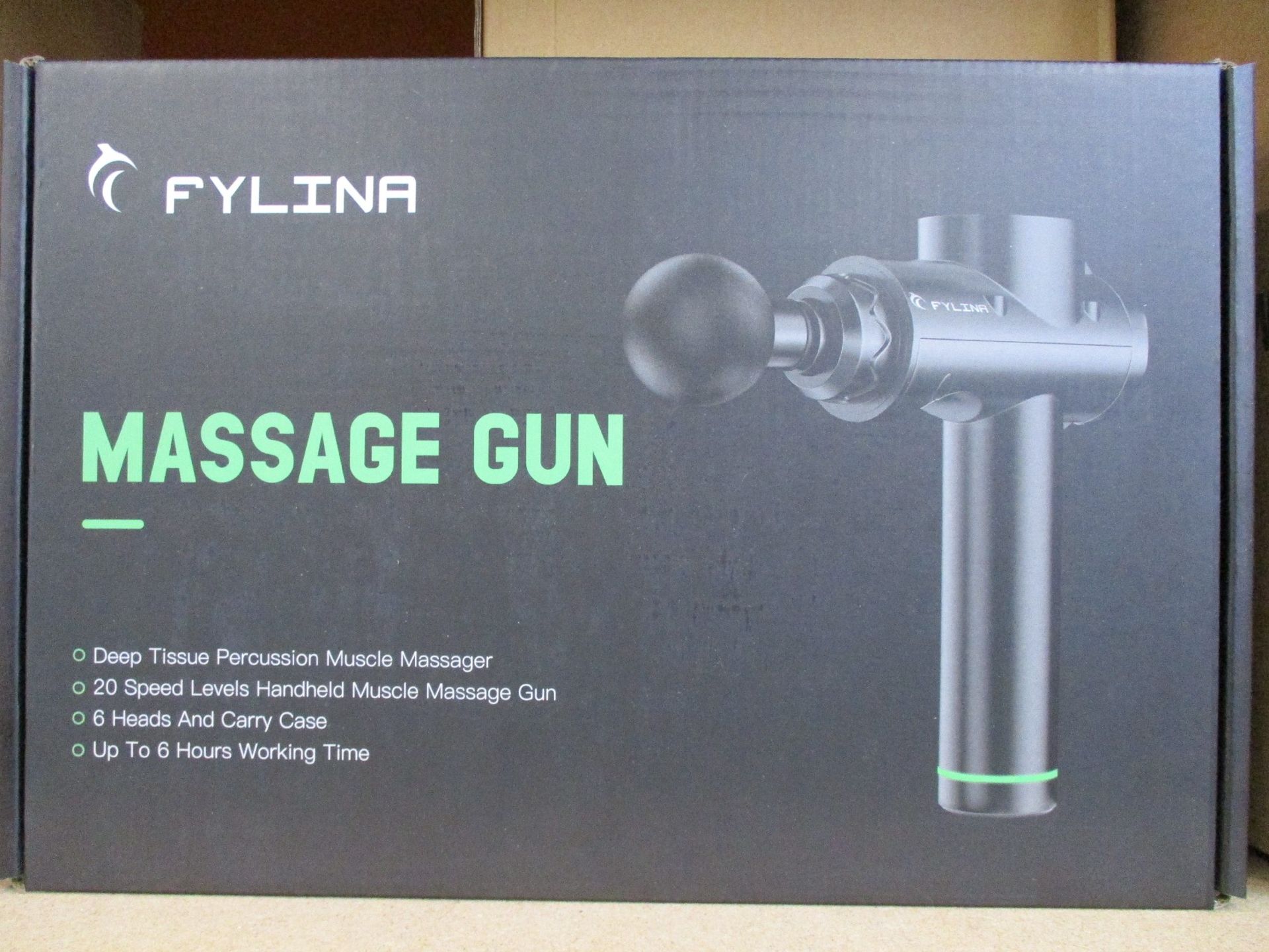 Three boxed as new Fylina J-6 deep tissue massage guns.