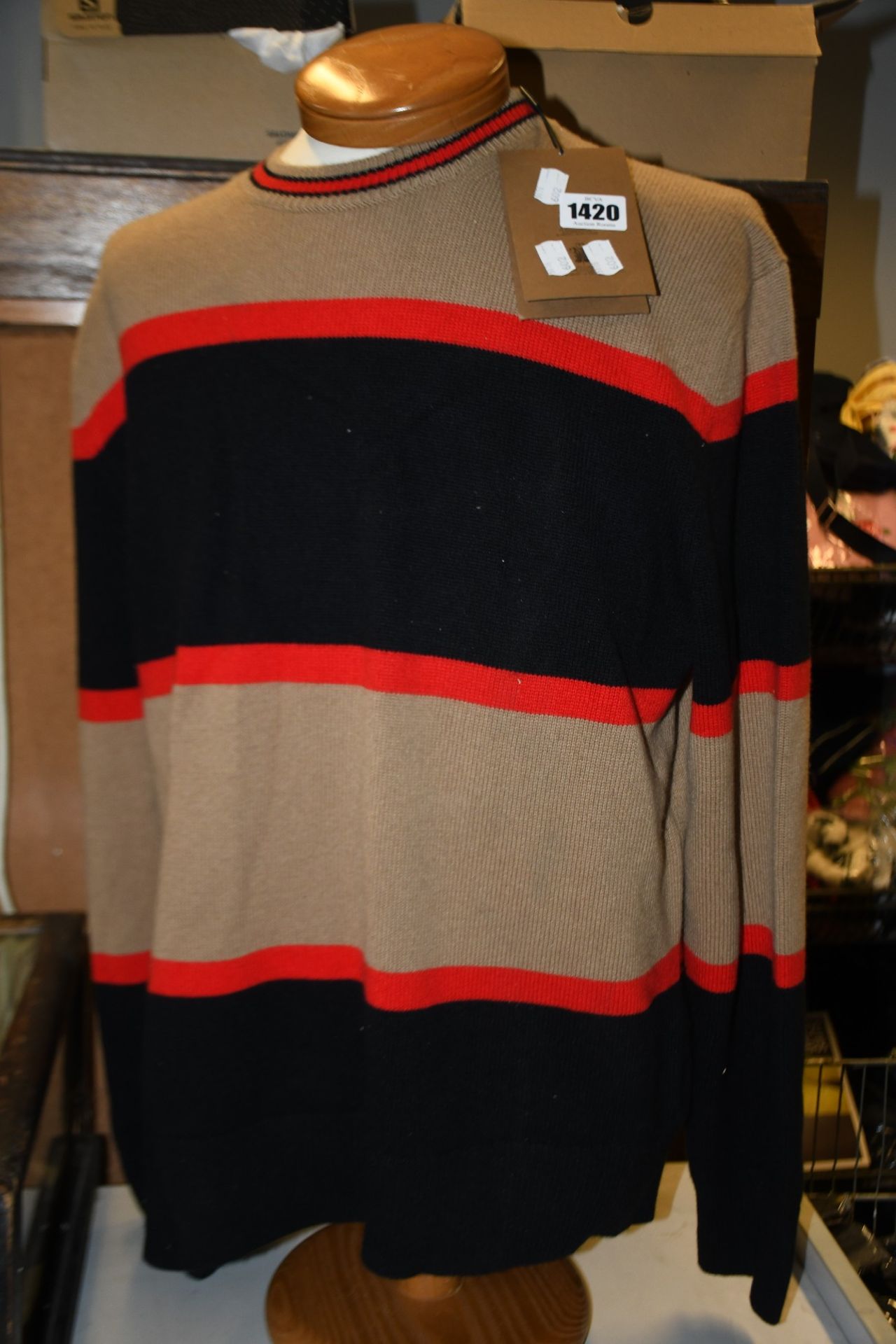 An as new Burberry fine-knit stripe-pattern jumper (XL).
