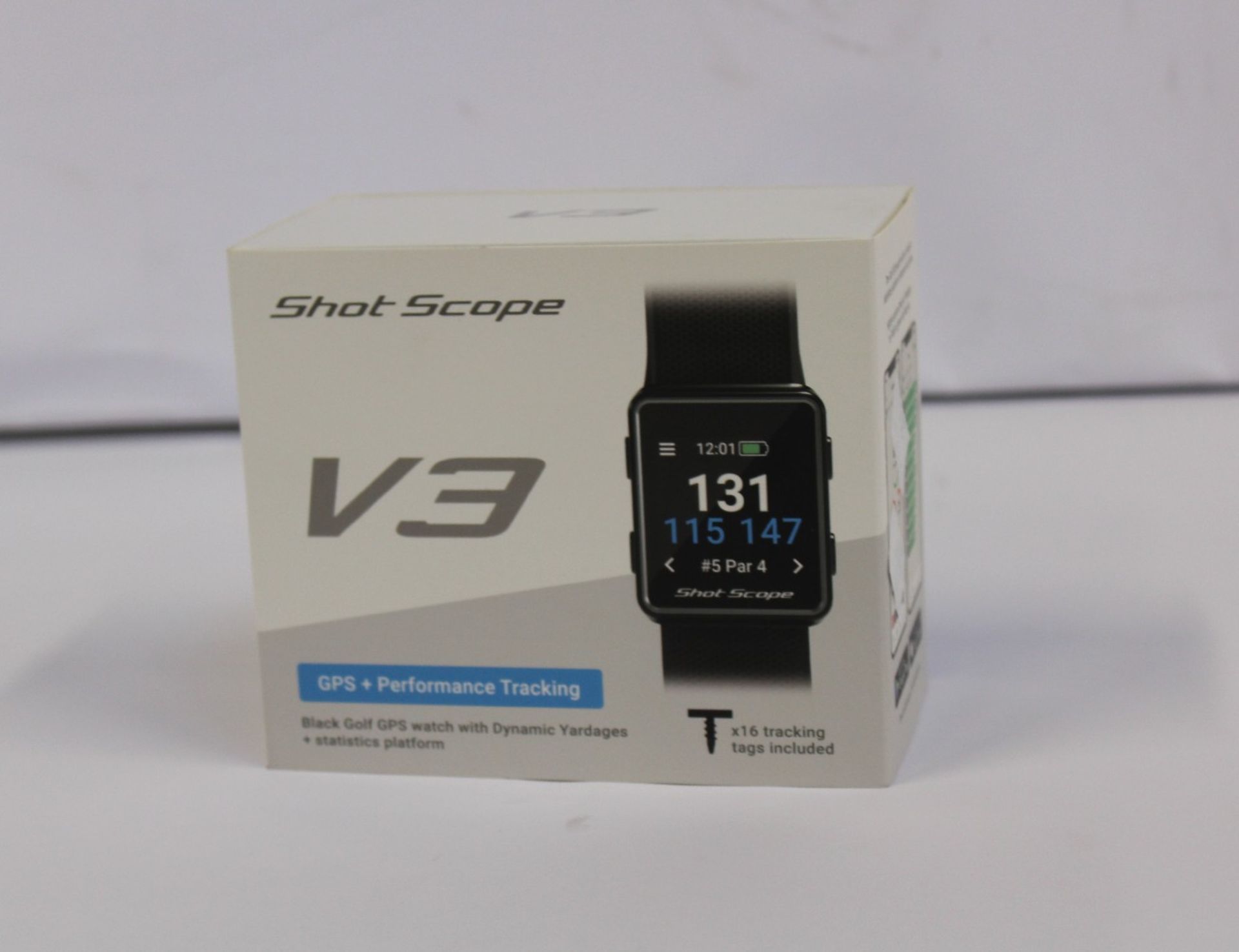 A boxed as new Shot Scope V3 Black Golf GPS + Performance tracking watch with 16 tracking tags