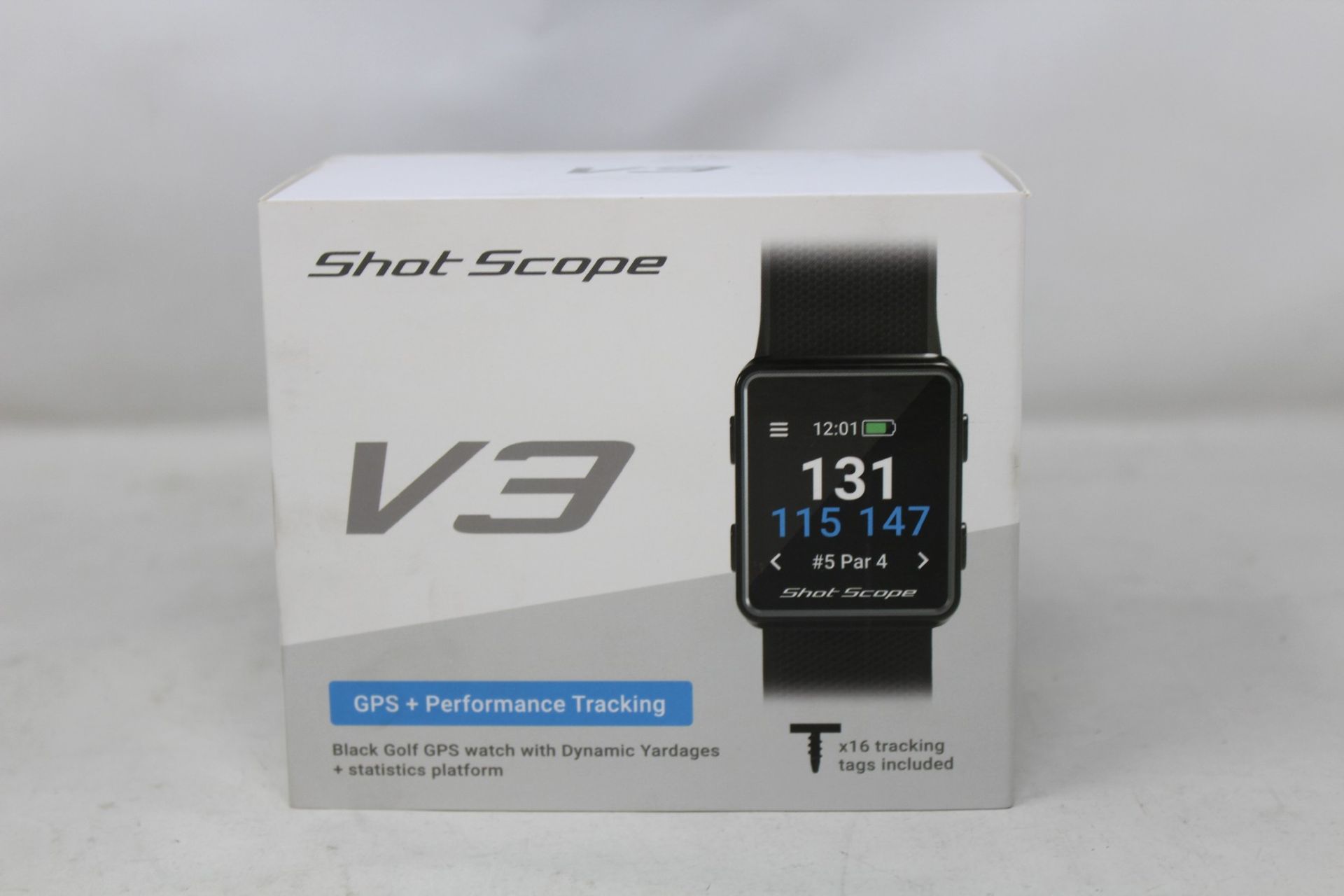 A boxed as new Shot Scope V3 Black Golf GPS + Performance tracking watch with 16 tracking tags