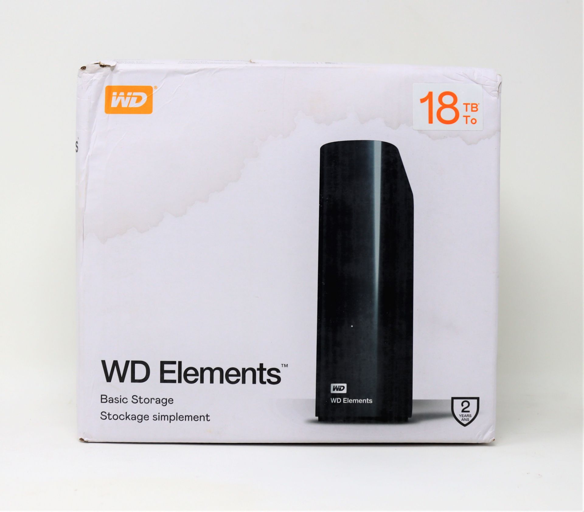 A boxed as new WD Elements 18TB Desktop External Hard Drive in Black (Damaged box).