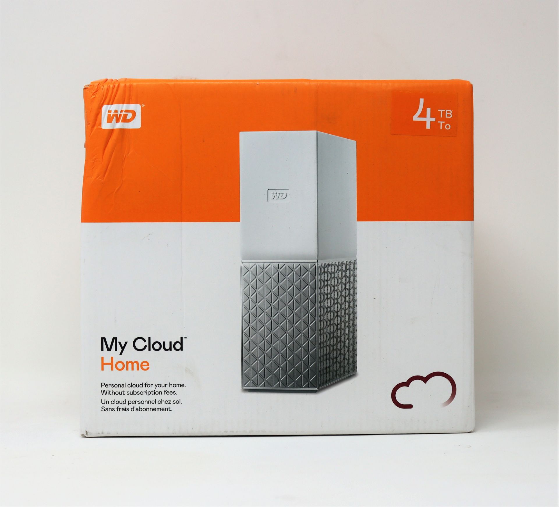 A boxed as new WD My Cloud Home 4TB NAS Drive in White (Damaged box).
