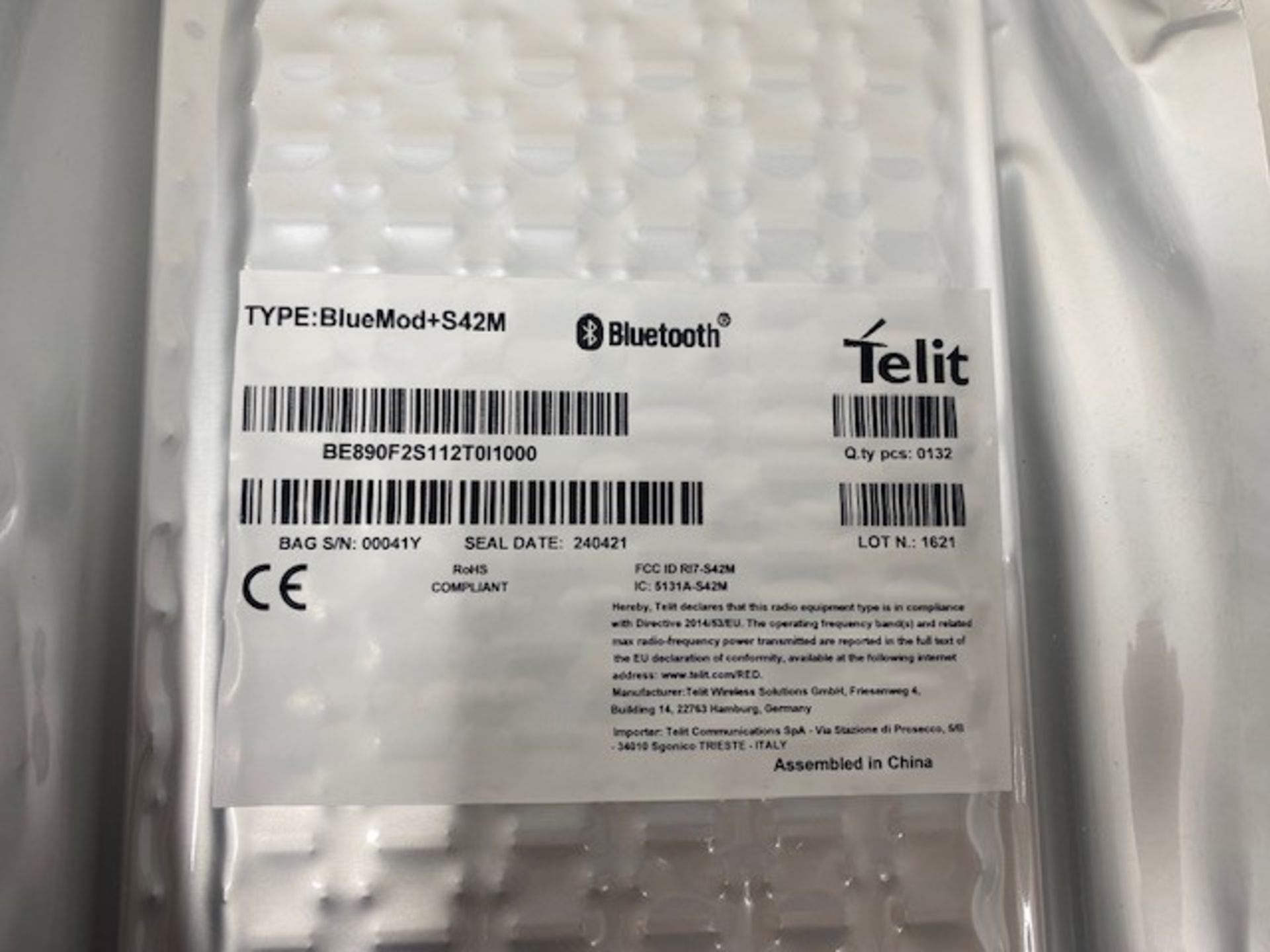 A box of 924 Telit BlueMod+S42M Bluetooth Modules (P/N: BE890F2S112T0I1000) (Box opened, 7 sealed ba