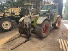 2002 Claas Targo K50 materials handler with pallet tines on 460/70R24 wheels and tyres. Reg: KV02 RZ