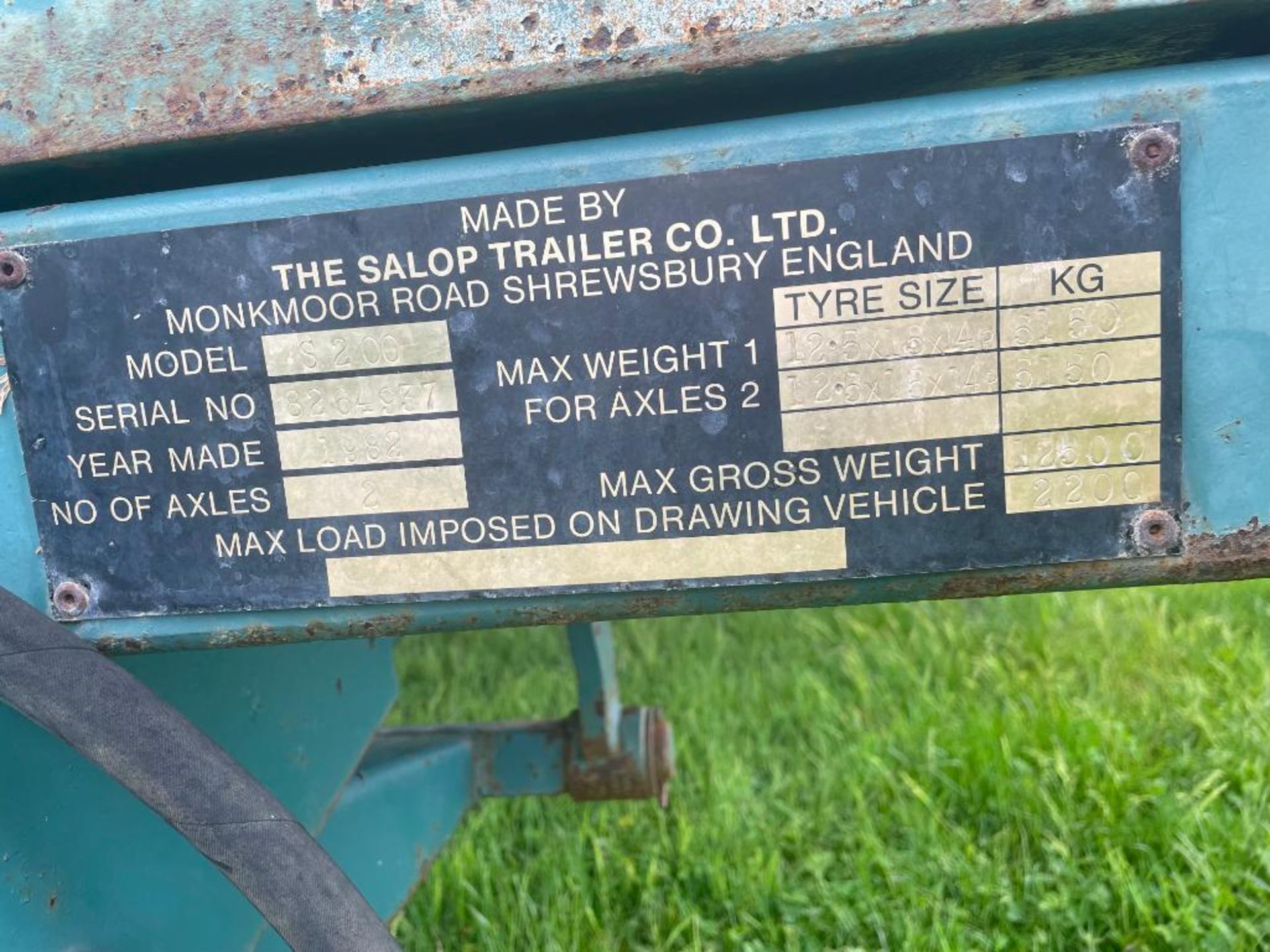 1982 Salop 10t grain trailer with auto tailgate and sprung drawbar on 12.5/80-15.3 wheels and tyres. - Image 3 of 12