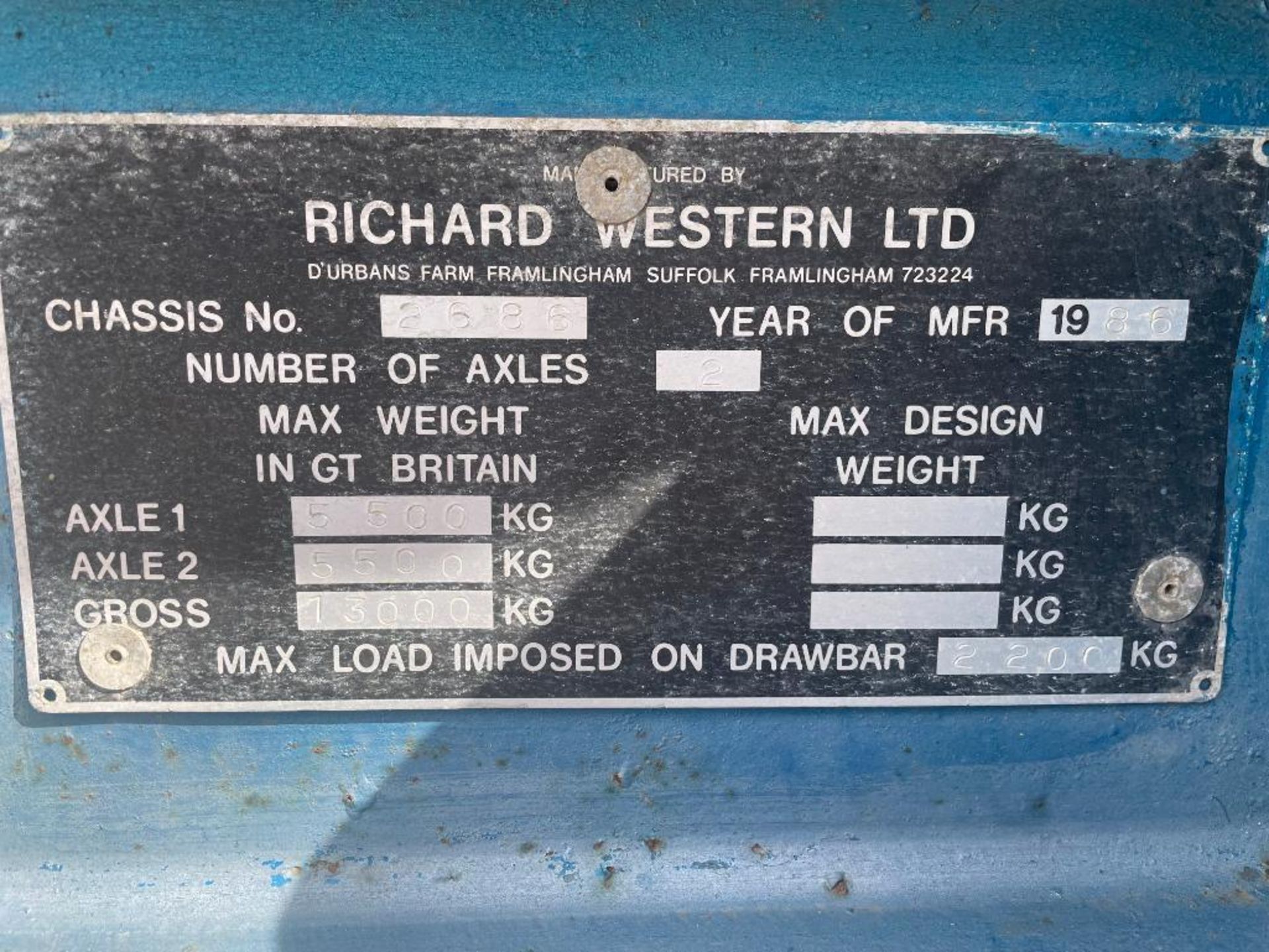 1986 Richard Western 10t twin axle grain trailer with manual tailgate, grain chute and rollover shee - Image 16 of 16