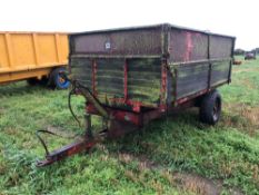 Pettit 3t tipping trailer with greedy boards, single axle on 9.00/13 wheels and tyres. Serial No: 12