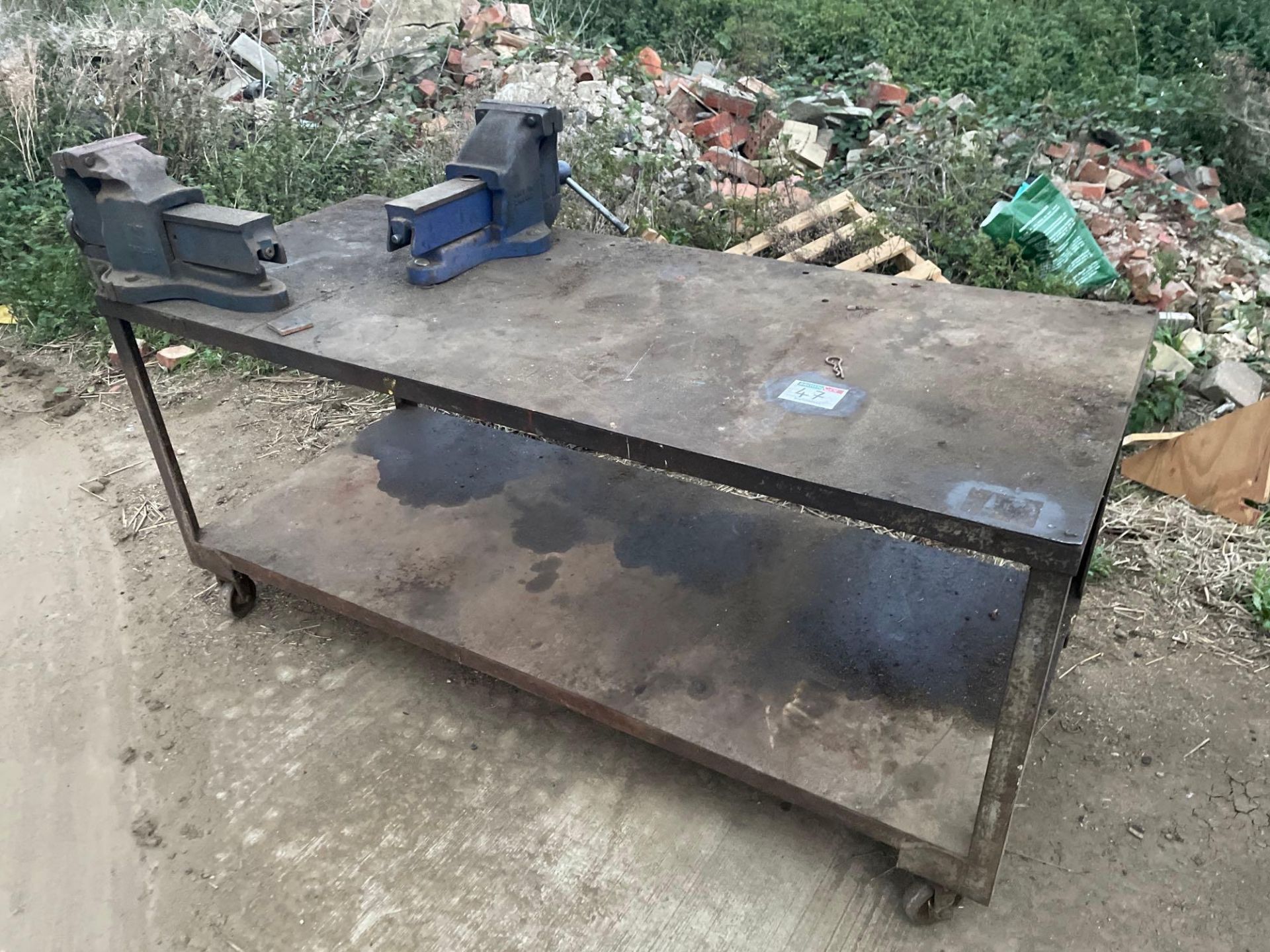 6' x 2' 6" metal workshop bench with 6" and 7" vice