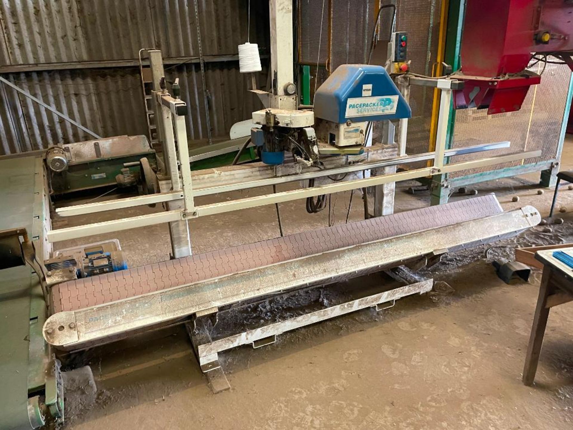 Packer Services Pace Packer bag closing system with 3m v-conveyor and Newlong stitching unit, 3ph