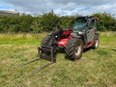 2017 Manitou MLT Elite 737-130 PS+ materials handler with pallet tines, rear pick hitch on Michelin