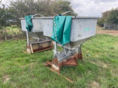 2No galvanised pig feeders with pallet tine attachments