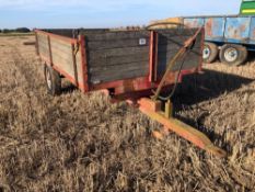 Pettit 3t single axle hydraulic tipping trailer with wooden sides on 7.5R16 wheels and tyres. Serial